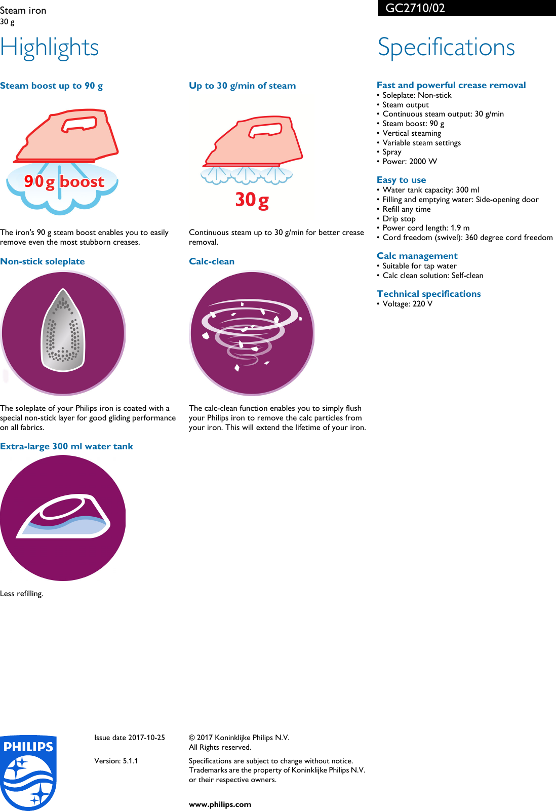 Page 2 of 2 - Philips GC2710 GC2710/02 Steam Iron User Manual Leaflet 02 Pss Enggb