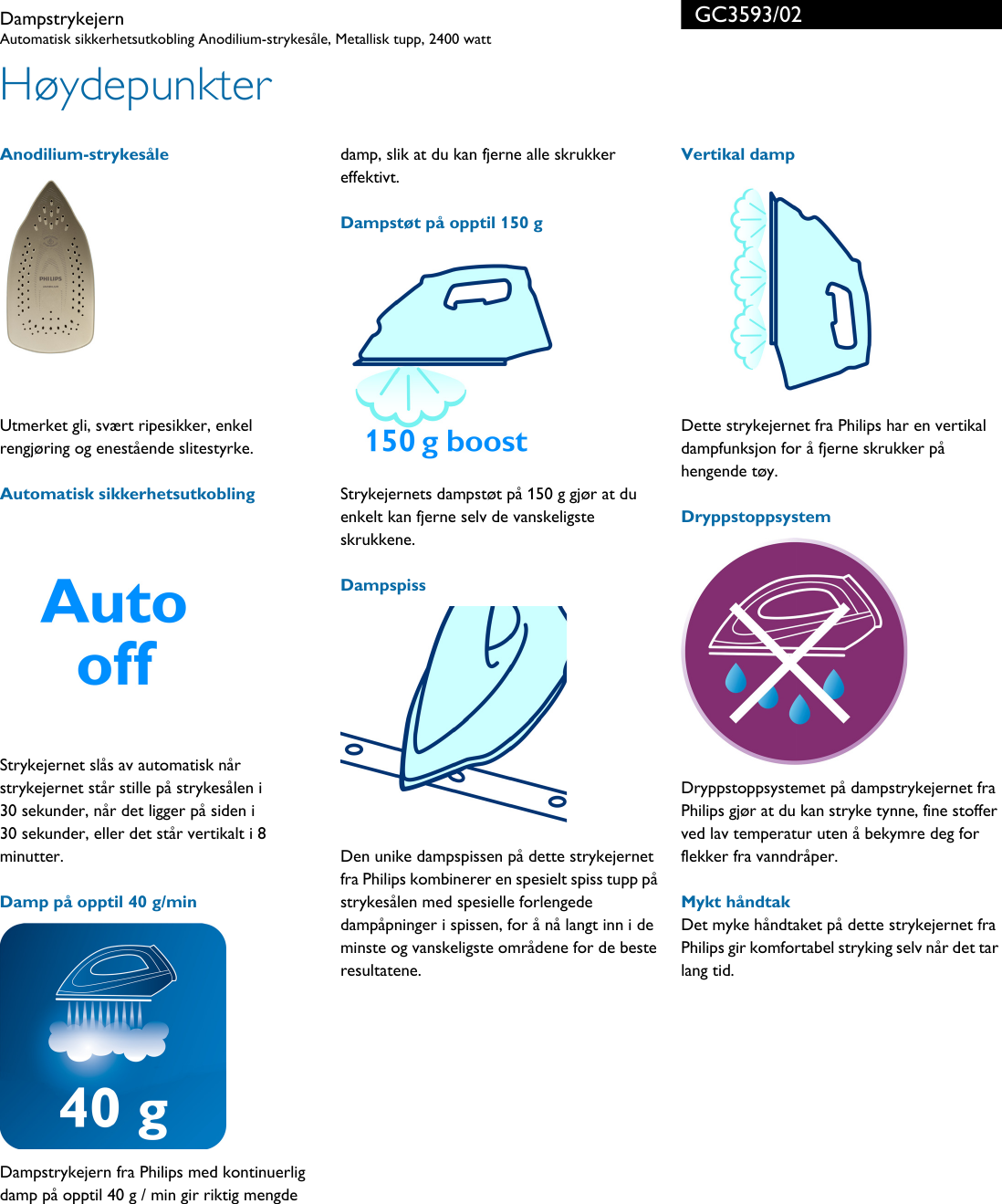 Page 2 of 3 - Philips GC3593/02 Leaflet GC3593_02 Released Norway (Norwegian)  User Manual Hefte Gc3593 02 Pss Norno