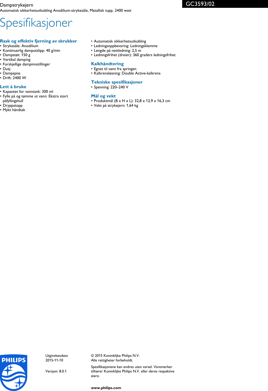 Page 3 of 3 - Philips GC3593/02 Leaflet GC3593_02 Released Norway (Norwegian)  User Manual Hefte Gc3593 02 Pss Norno