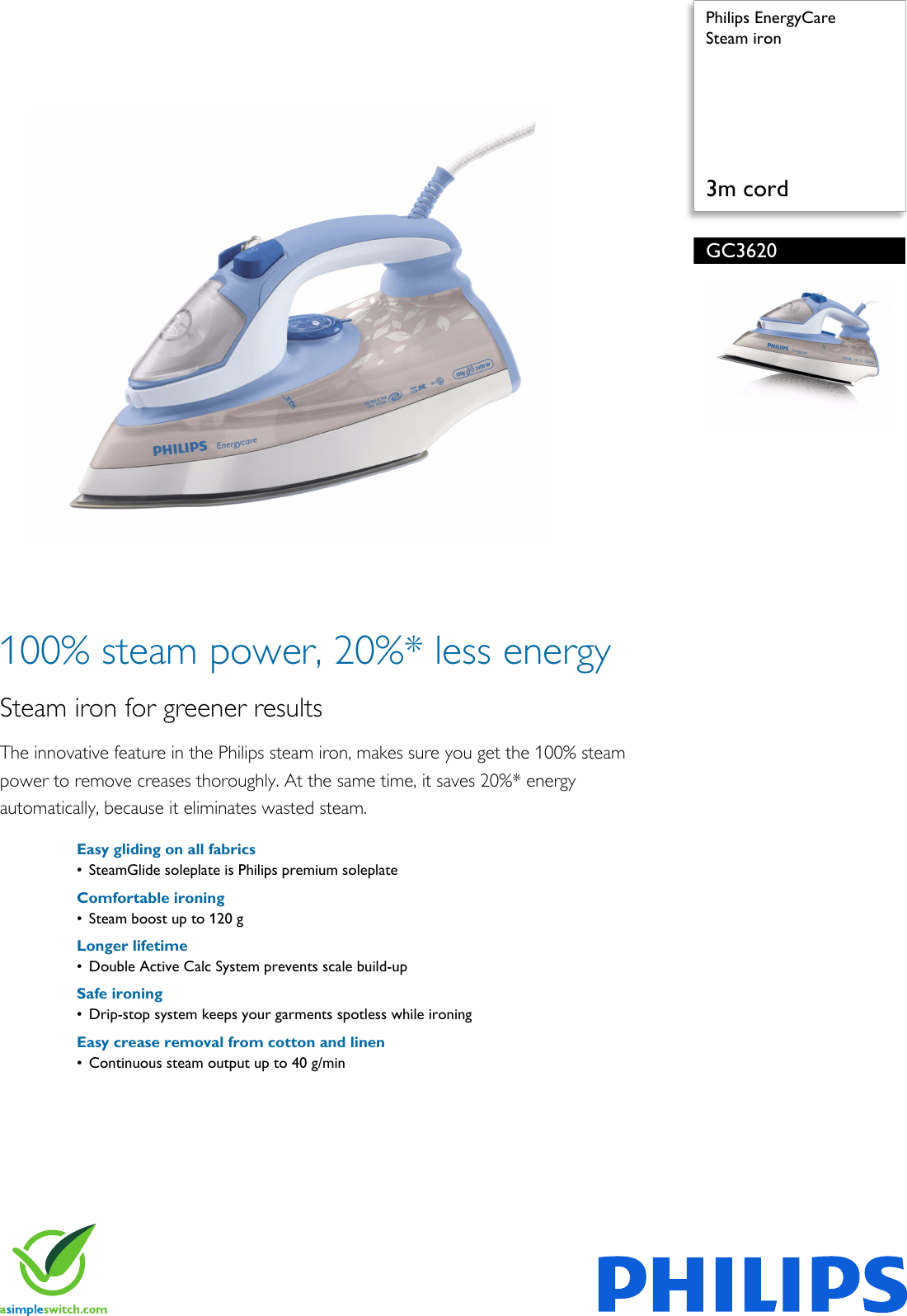 Philips GC3620 GC3620/02 Steam Iron User Manual Brošūra 02 Pss