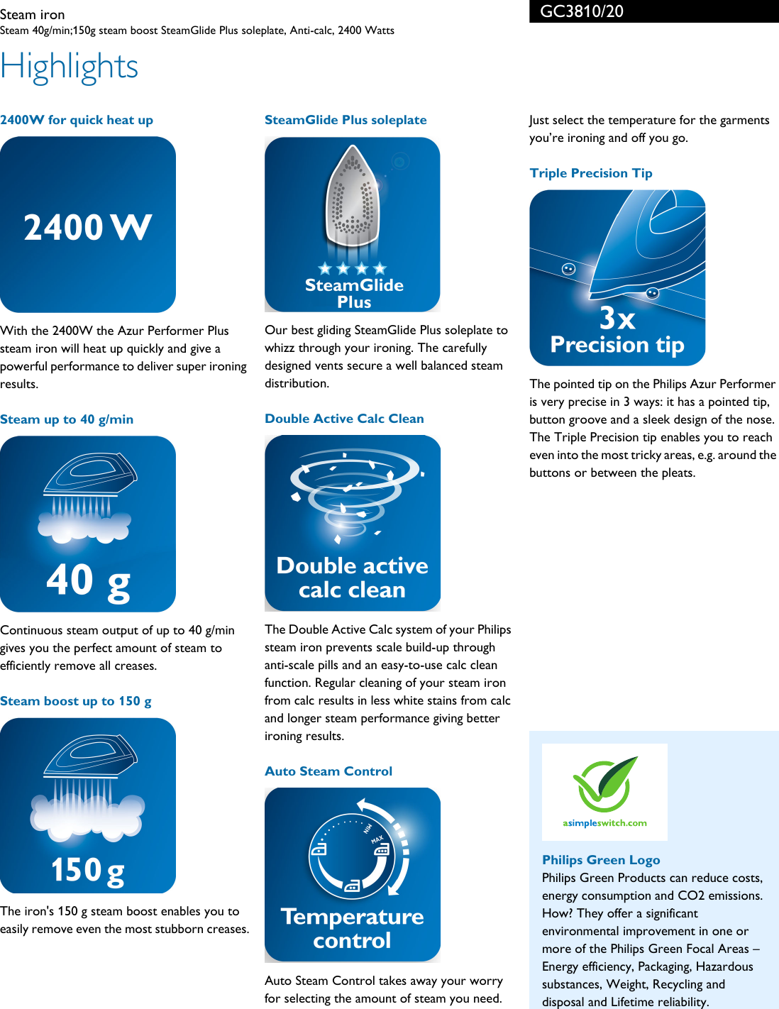 Page 2 of 3 - Philips GC3810/20 Steam Iron User Manual Leaflet Gc3810 20 Pss