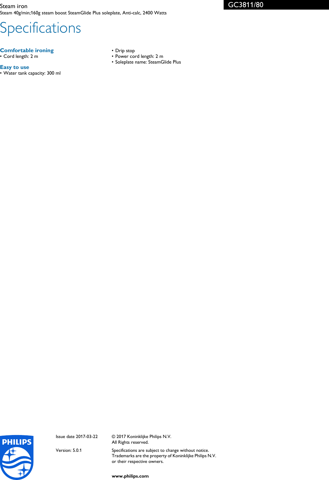 Page 3 of 3 - Philips GC3811/80 Steam Iron User Manual Leaflet Gc3811 80 Pss