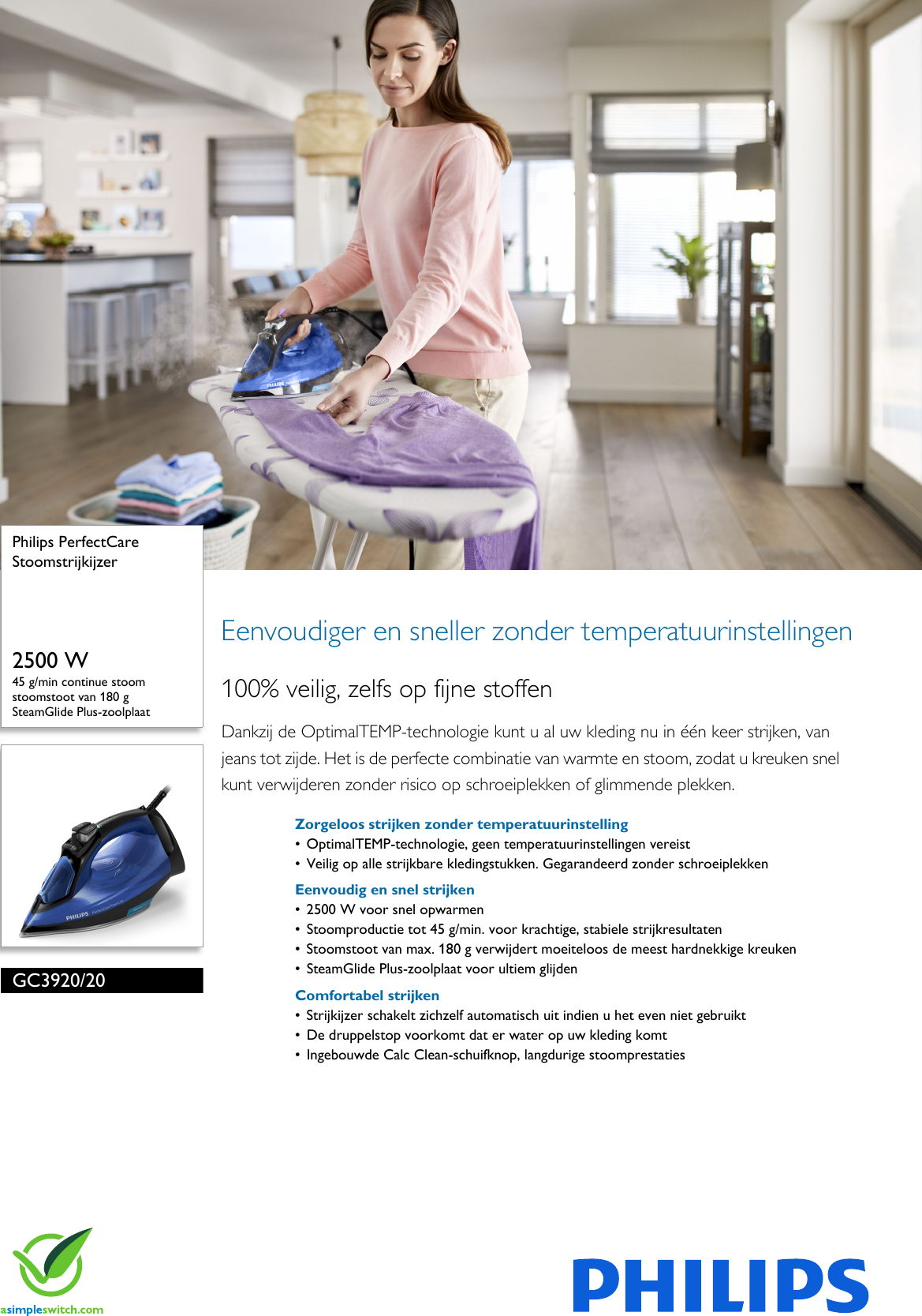 Page 1 of 3 - Philips GC3920/20 Stoomstrijkijzer User Manual Brochure Gc3920 20 Pss Nldnl