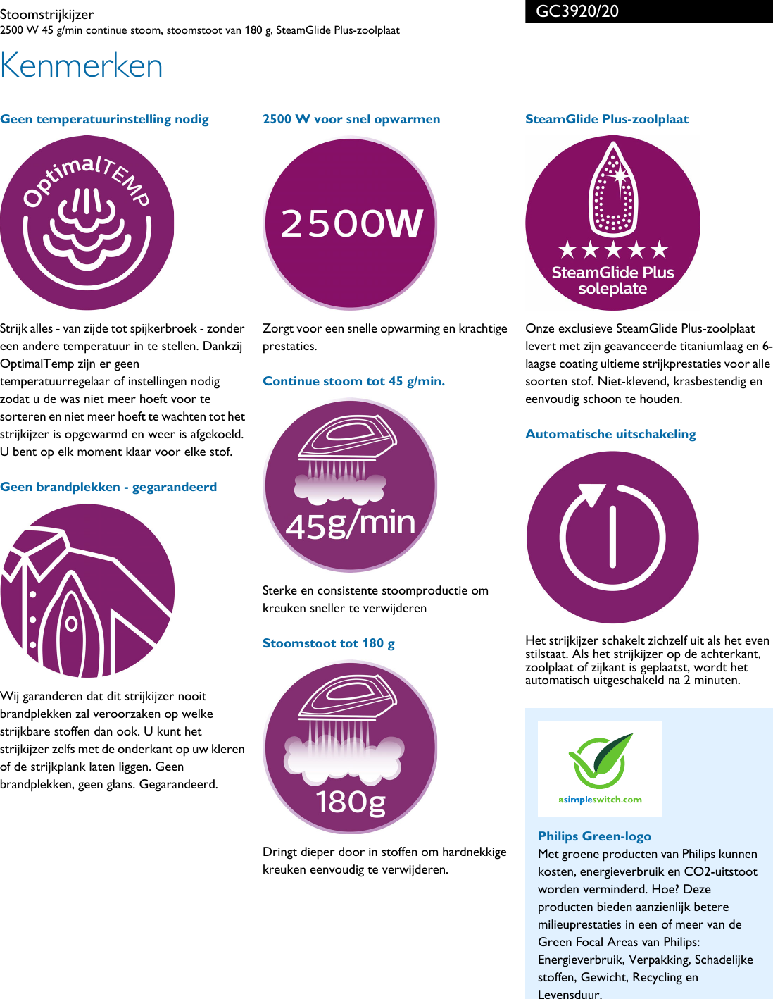 Page 2 of 3 - Philips GC3920/20 Stoomstrijkijzer User Manual Brochure Gc3920 20 Pss Nldnl