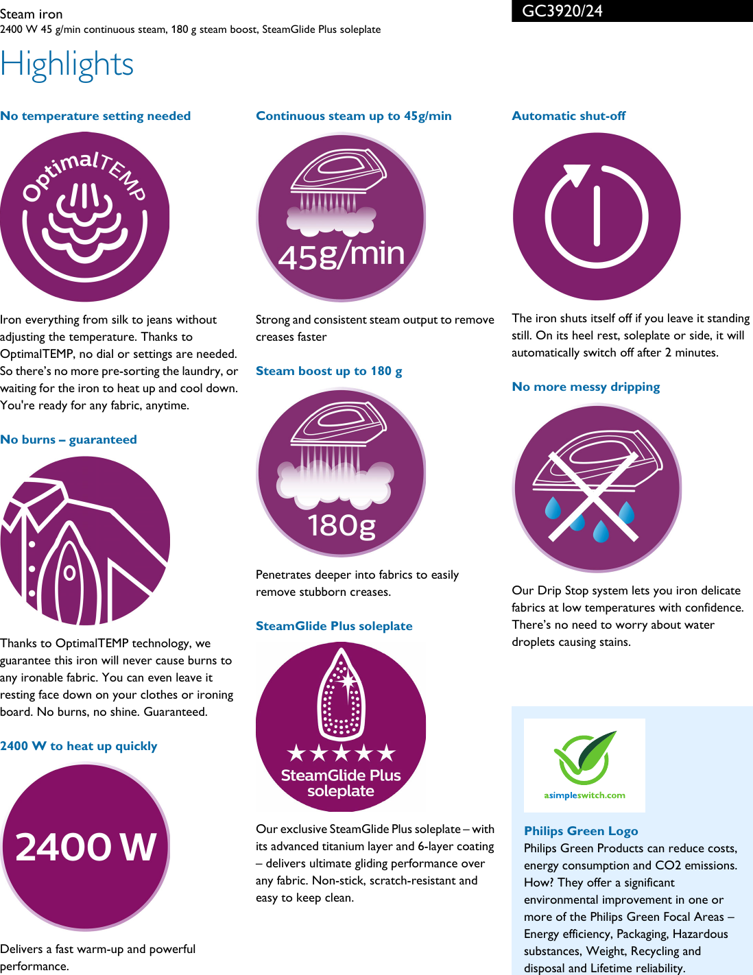 Page 2 of 3 - Philips GC3920/24 Steam Iron User Manual Leaflet Gc3920 24 Pss Engau