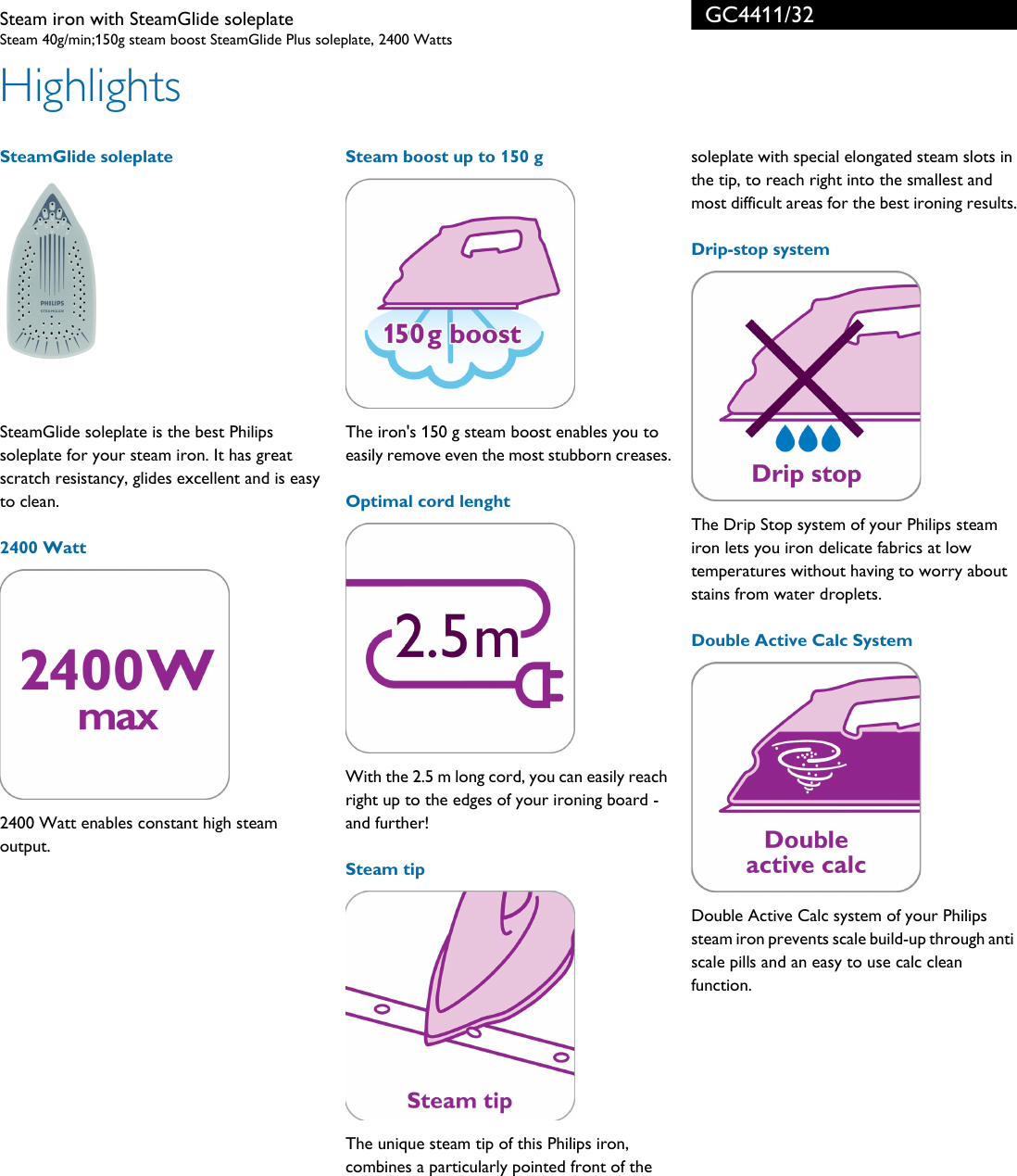 Page 2 of 3 - Philips GC4411/32 Steam Iron With SteamGlide Soleplate User Manual Fiche Produit Gc4411 32 Pss