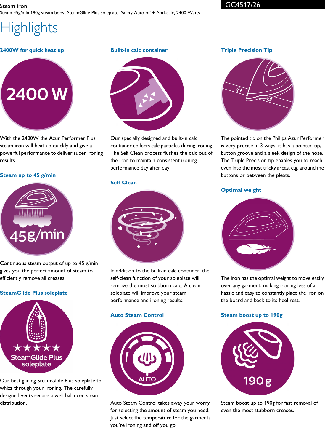 Page 2 of 3 - Philips GC4517/26 Steam Iron User Manual Leaflet Gc4517 26 Pss