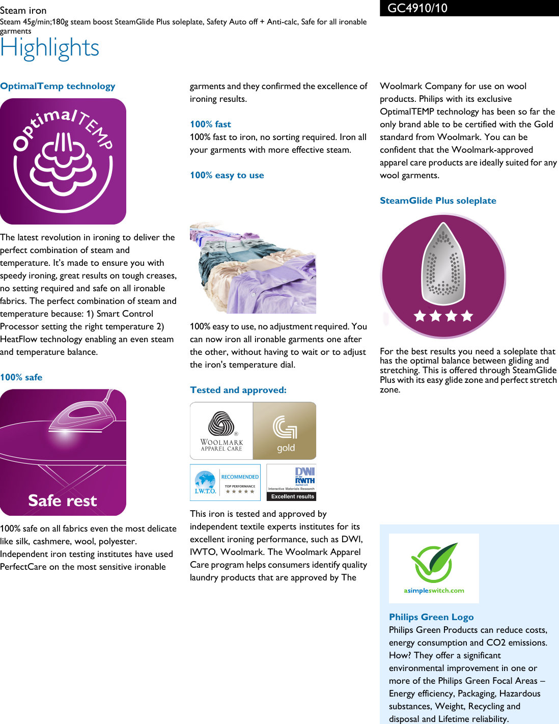 Page 2 of 3 - Philips GC4910/10 Steam Iron With OptimalTemp Technology And SteamGlide Plus Soleplate User Manual Leaflet Gc4910 10 Pss