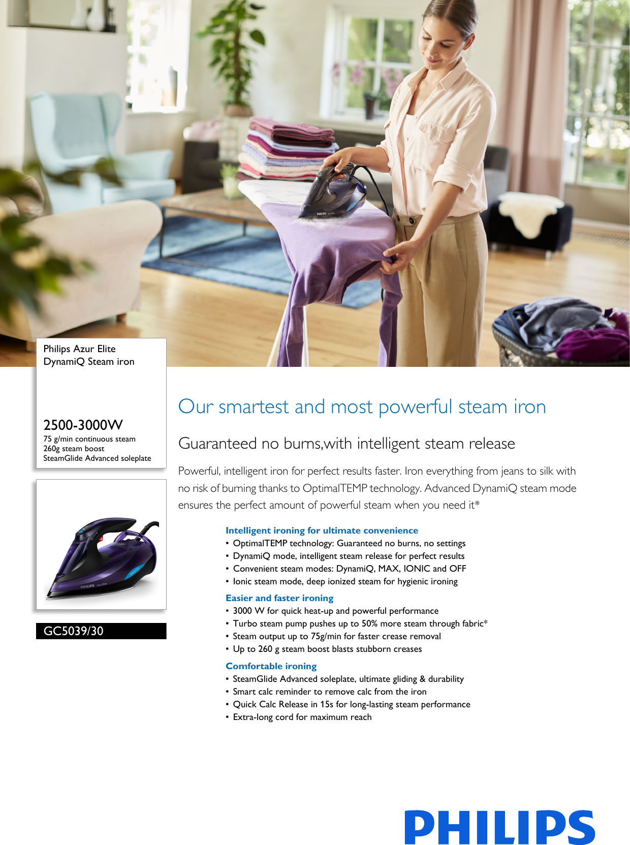 Page 1 of 3 - Philips GC5039/30 DynamiQ Steam Iron User Manual Leaflet Gc5039 30 Pss Aenhk