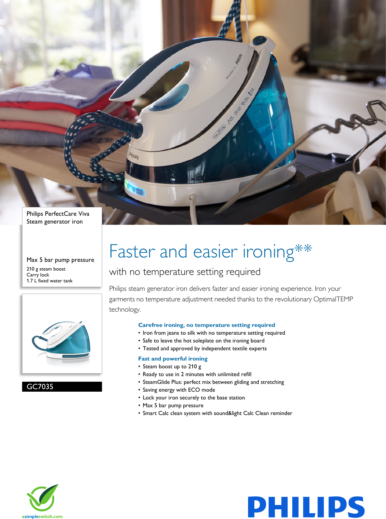 Page 1 of 2 - Philips GC7035 GC7035/20 Steam Generator Iron User Manual Leaflet 20 Pss