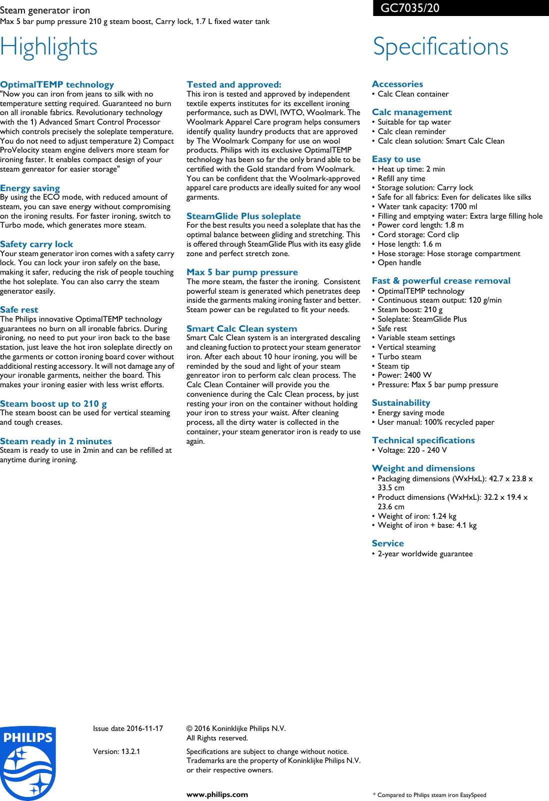Page 2 of 2 - Philips GC7035 GC7035/20 Steam Generator Iron User Manual Leaflet 20 Pss