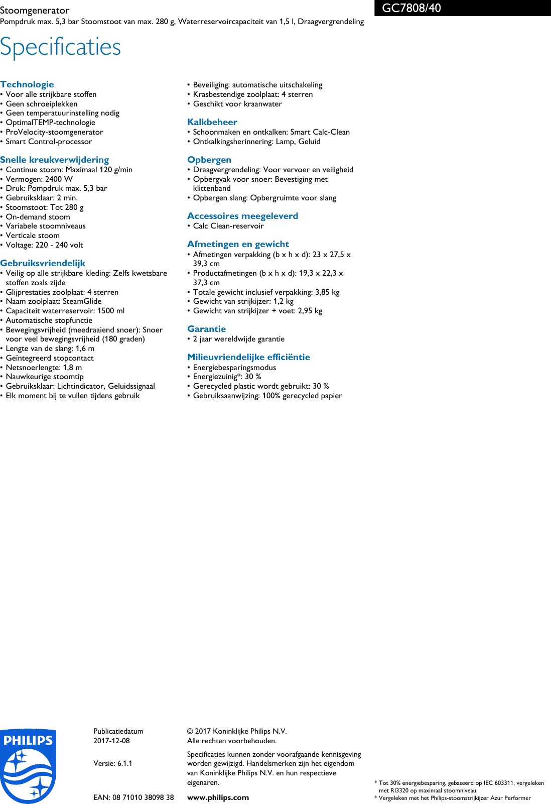 Page 3 of 3 - Philips GC7808 GC7808/40 Stoomgenerator User Manual Brochure 40 Pss Nldbe