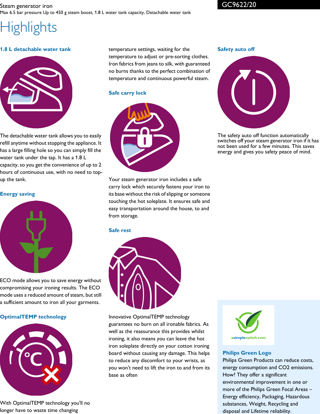 Page 2 of 3 - Philips GC9622/20 Steam Generator Iron User Manual Leaflet Gc9622 20 Pss