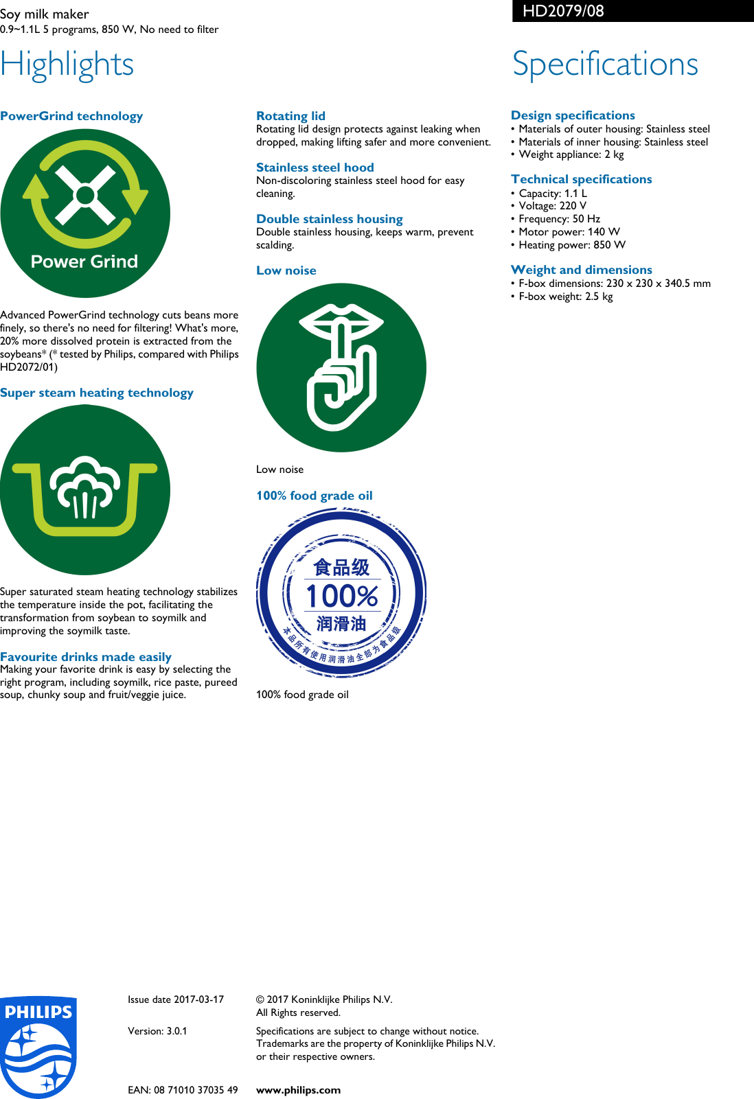 Page 2 of 2 - Philips HD2079/08 Soy Milk Maker With PowerGrind Technology User Manual Leaflet Hd2079 08 Pss Aenhk