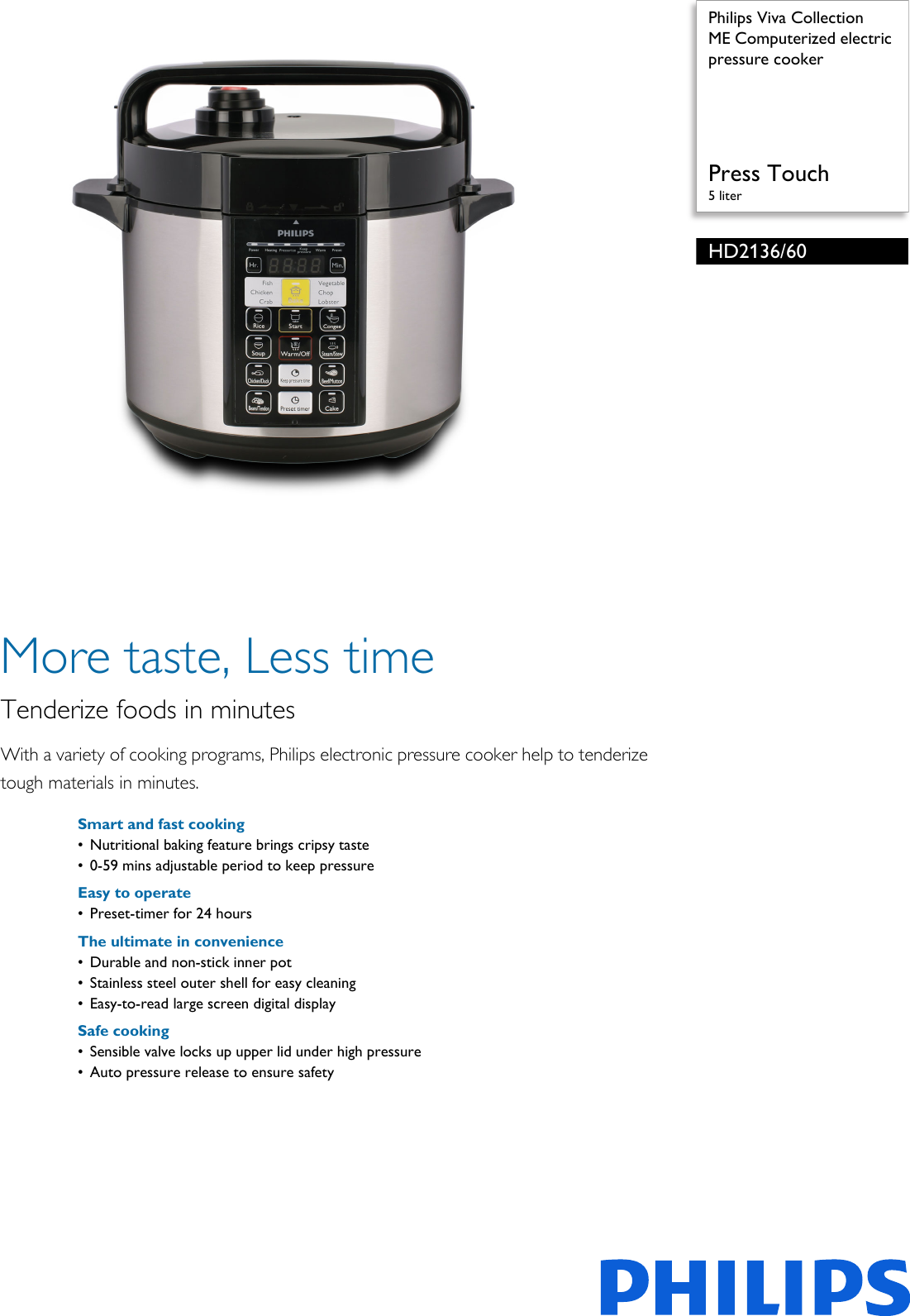 Page 1 of 2 - Philips HD2136/60 ME Computerized Electric Pressure Cooker User Manual Leaflet Hd2136 60 Pss Engmy
