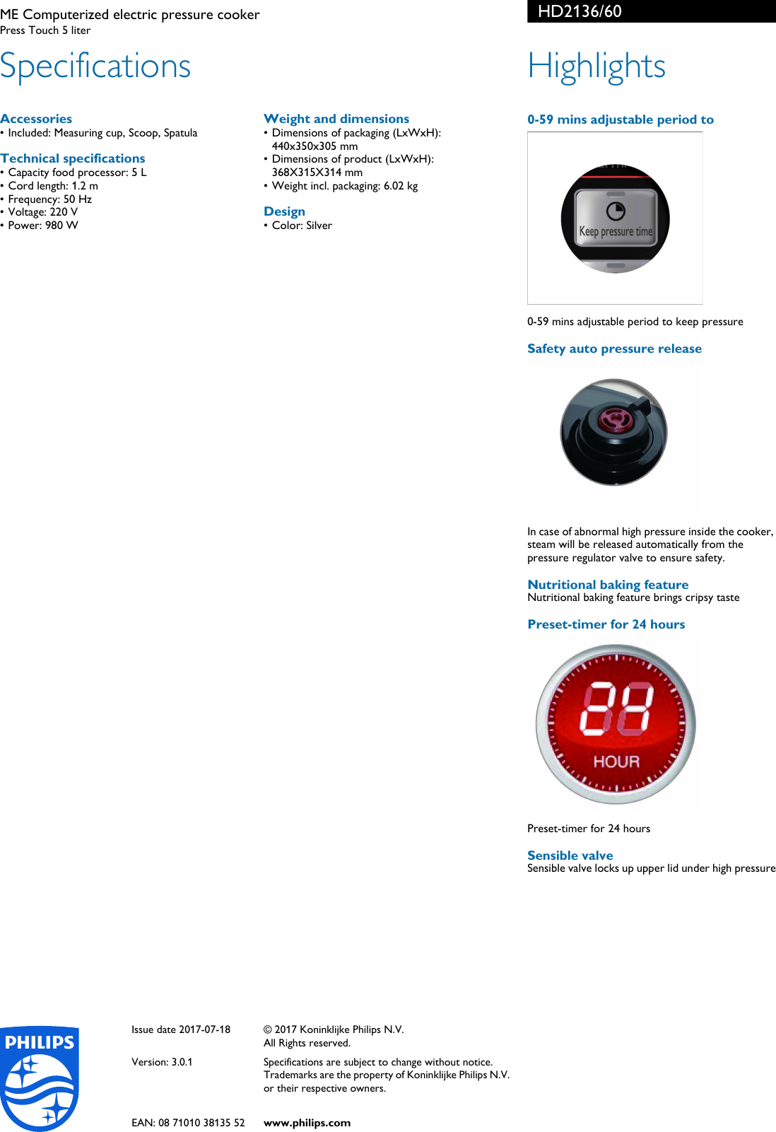 Page 2 of 2 - Philips HD2136/60 ME Computerized Electric Pressure Cooker User Manual Leaflet Hd2136 60 Pss Engmy