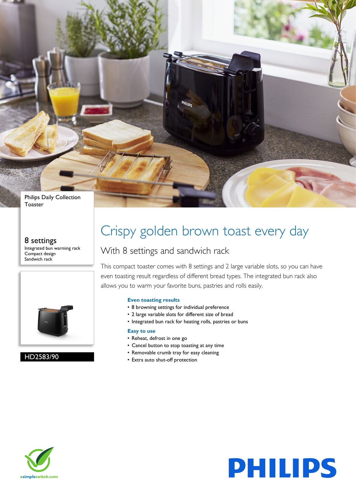 Page 1 of 3 - Philips HD2583/90 Toaster User Manual Leaflet Hd2583 90 Pss