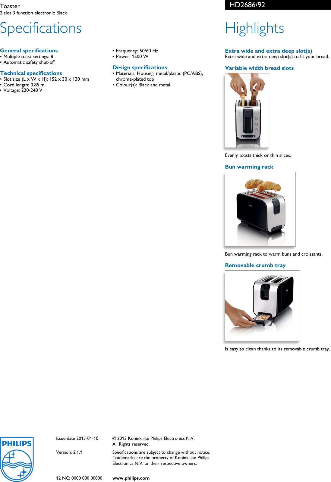 Page 2 of 2 - Philips HD2686/92 Toaster User Manual Leaflet Hd2686 92 Pss Enggb