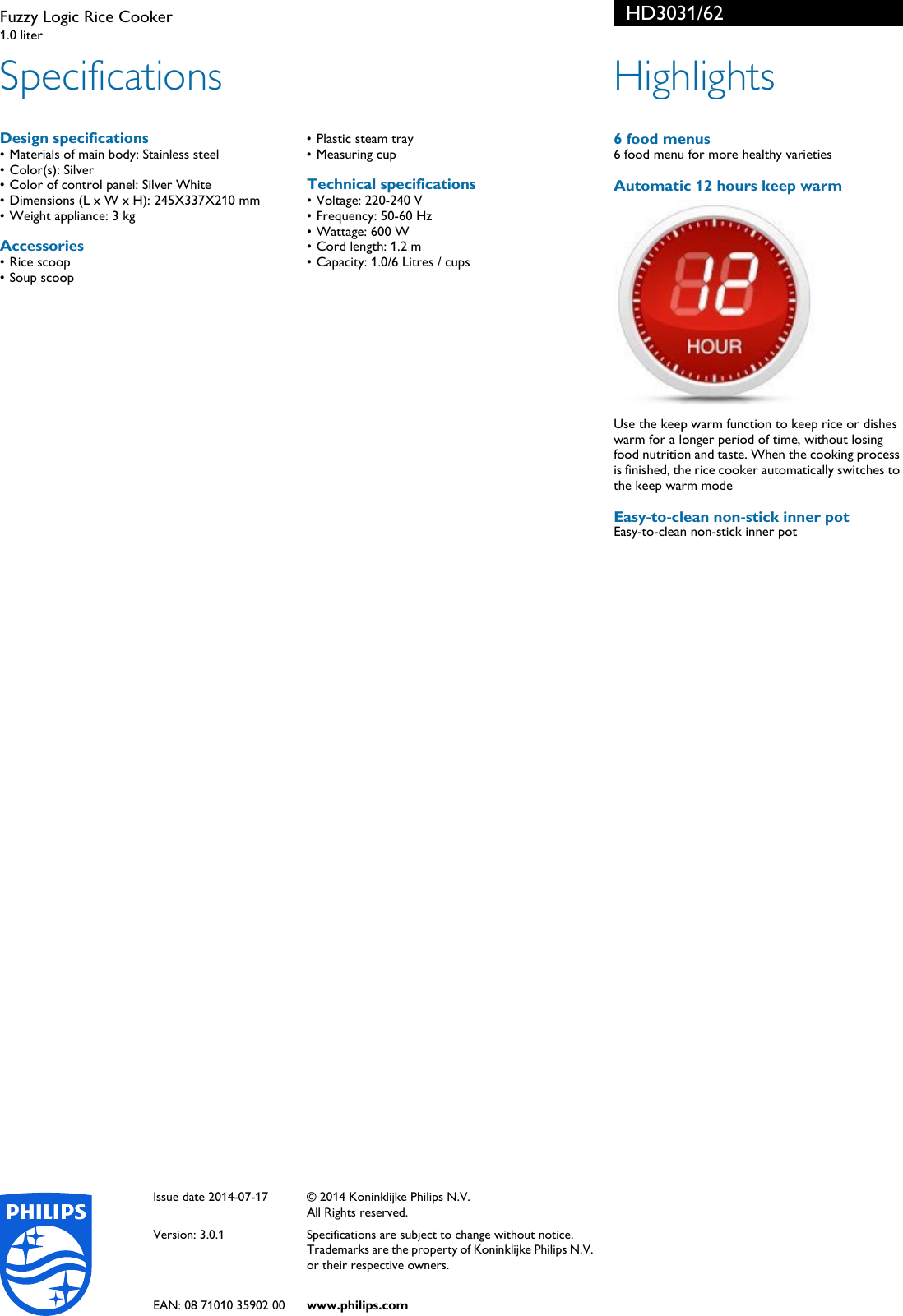 Page 2 of 2 - Philips HD3031/62 Fuzzy Logic Rice Cooker User Manual Leaflet Hd3031 62 Pss Engsg