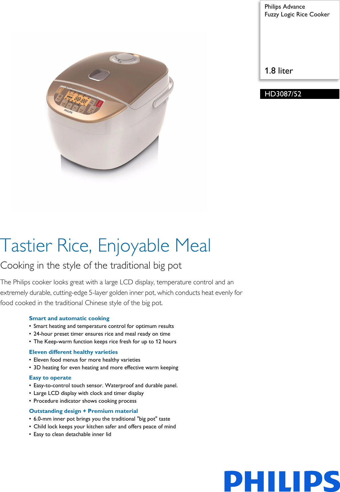 Page 1 of 2 - Philips HD3087/52 Fuzzy Logic Rice Cooker User Manual Leaflet Hd3087 52 Pss Aenhk