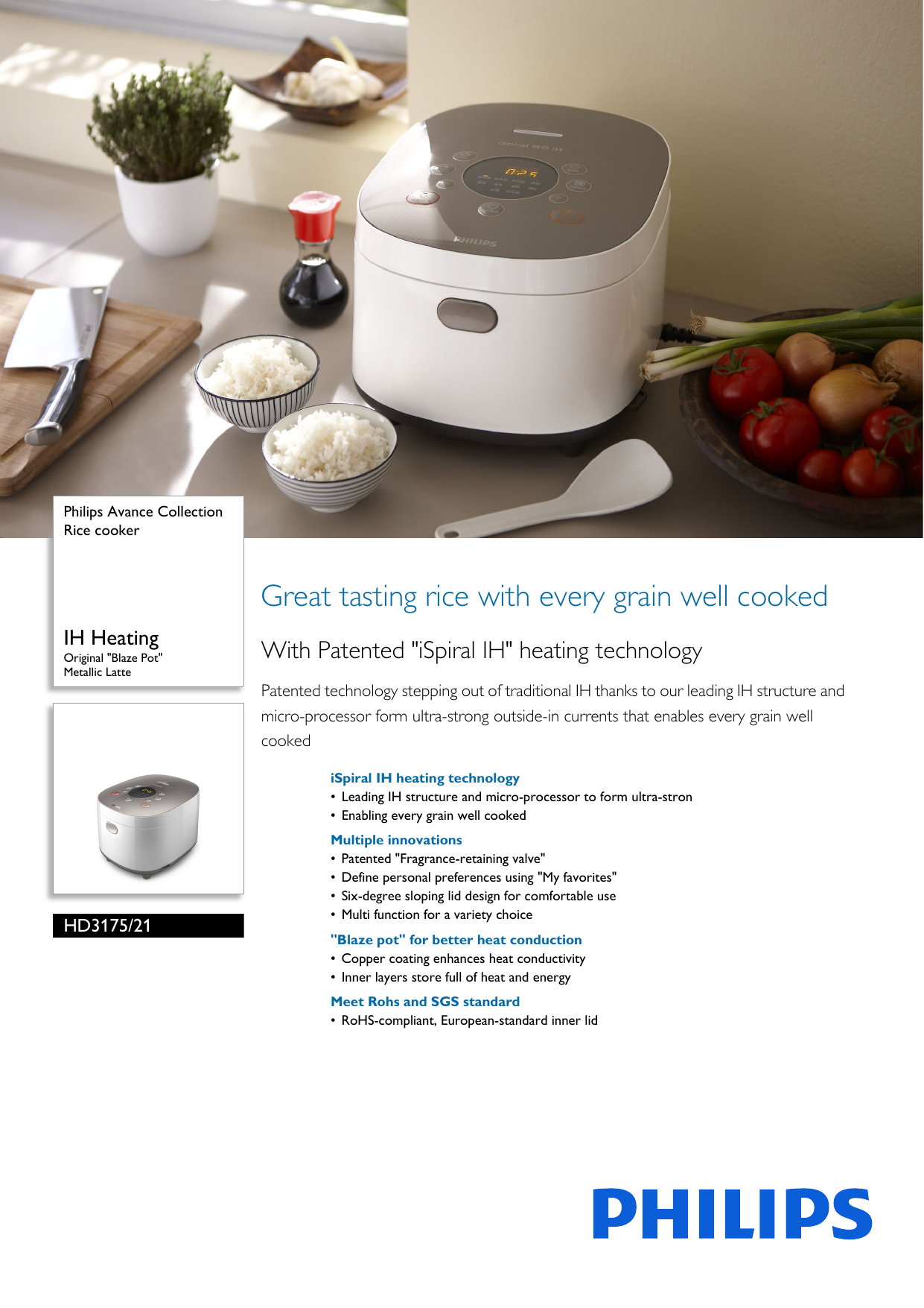 Page 1 of 2 - Philips HD3175/21 Rice Cooker User Manual Leaflet Hd3175 21 Pss Engsg