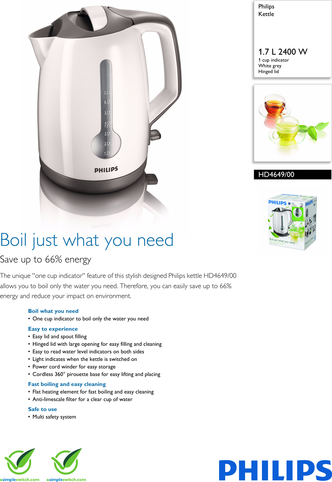 Page 1 of 2 - Philips HD4649/00 Kettle User Manual Leaflet Hd4649 00 Pss Aenin