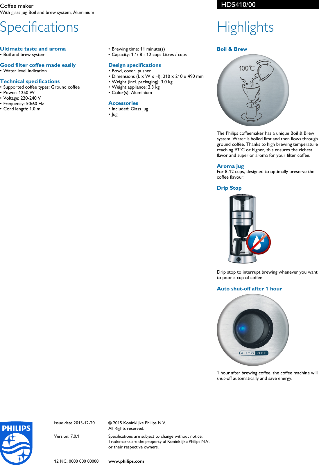 Page 2 of 2 - Philips HD5410/00 Coffee Maker User Manual Scheda Tecnica Hd5410 00 Pss