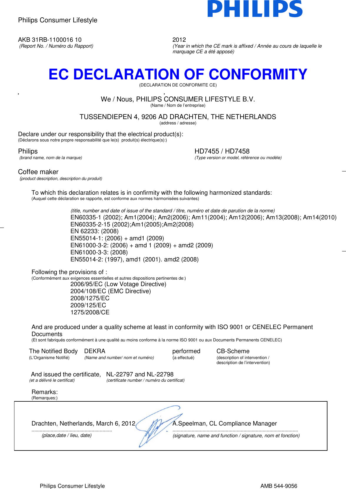 Philips HD7458/00 User Manual Declaration Of Conformity Hd7458 00 Dc3 Aen