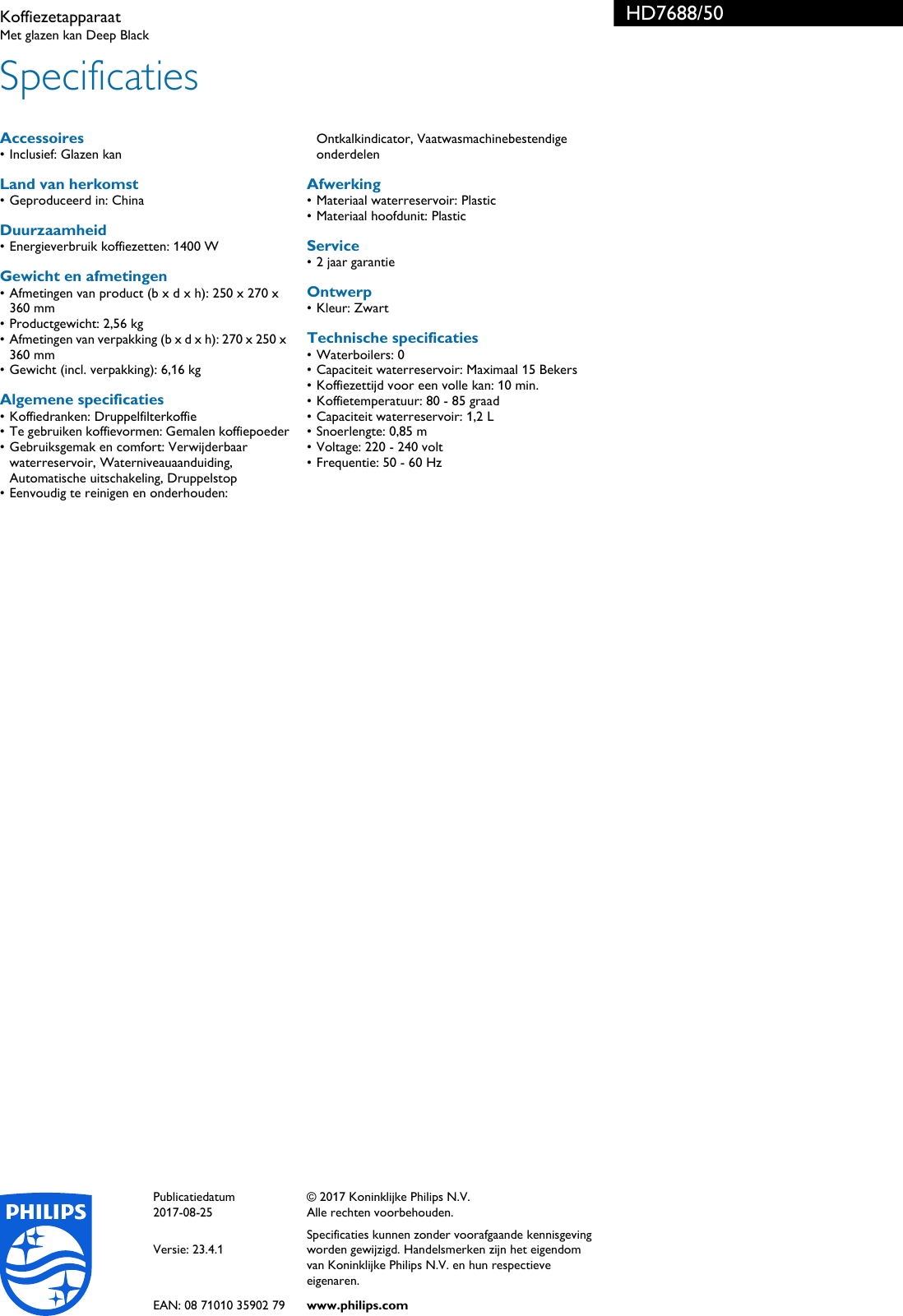 Page 3 of 3 - Philips HD7688/50 Koffiezetapparaat User Manual Brochure Hd7688 50 Pss Nldbe