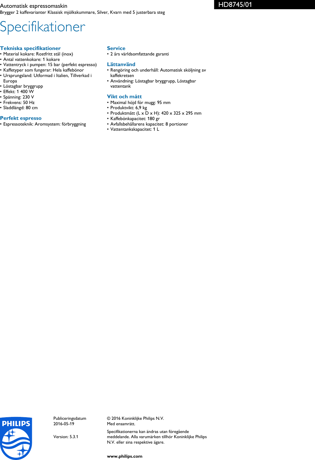 Philips HD8745/01 Leaflet HD8745_01 Released Sweden (Swedish) User