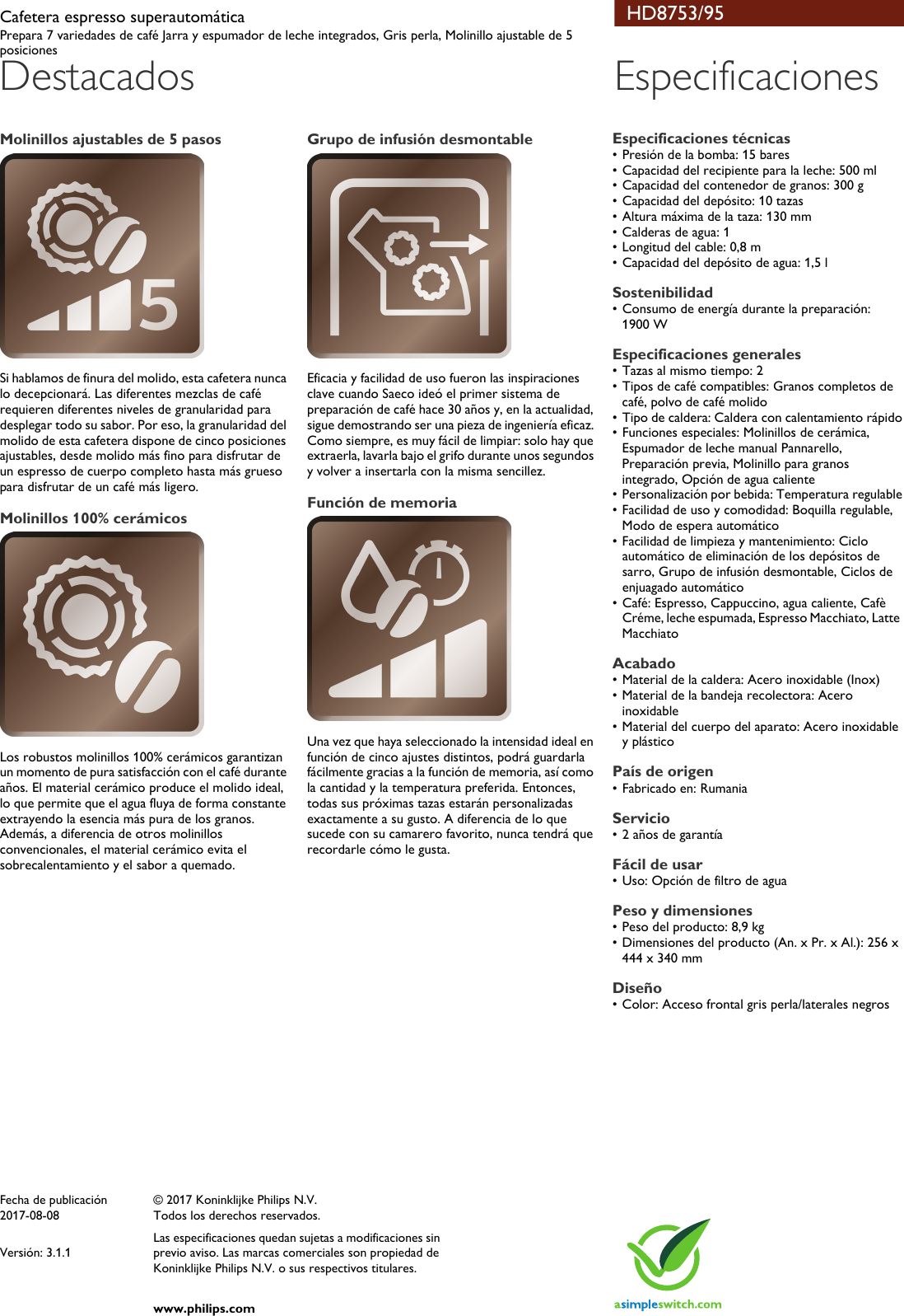 Philips HD8753/95 Saeco Cafetera Espresso Superautomática User Manual  Folleto Hd8753 95 Pss Lsppe