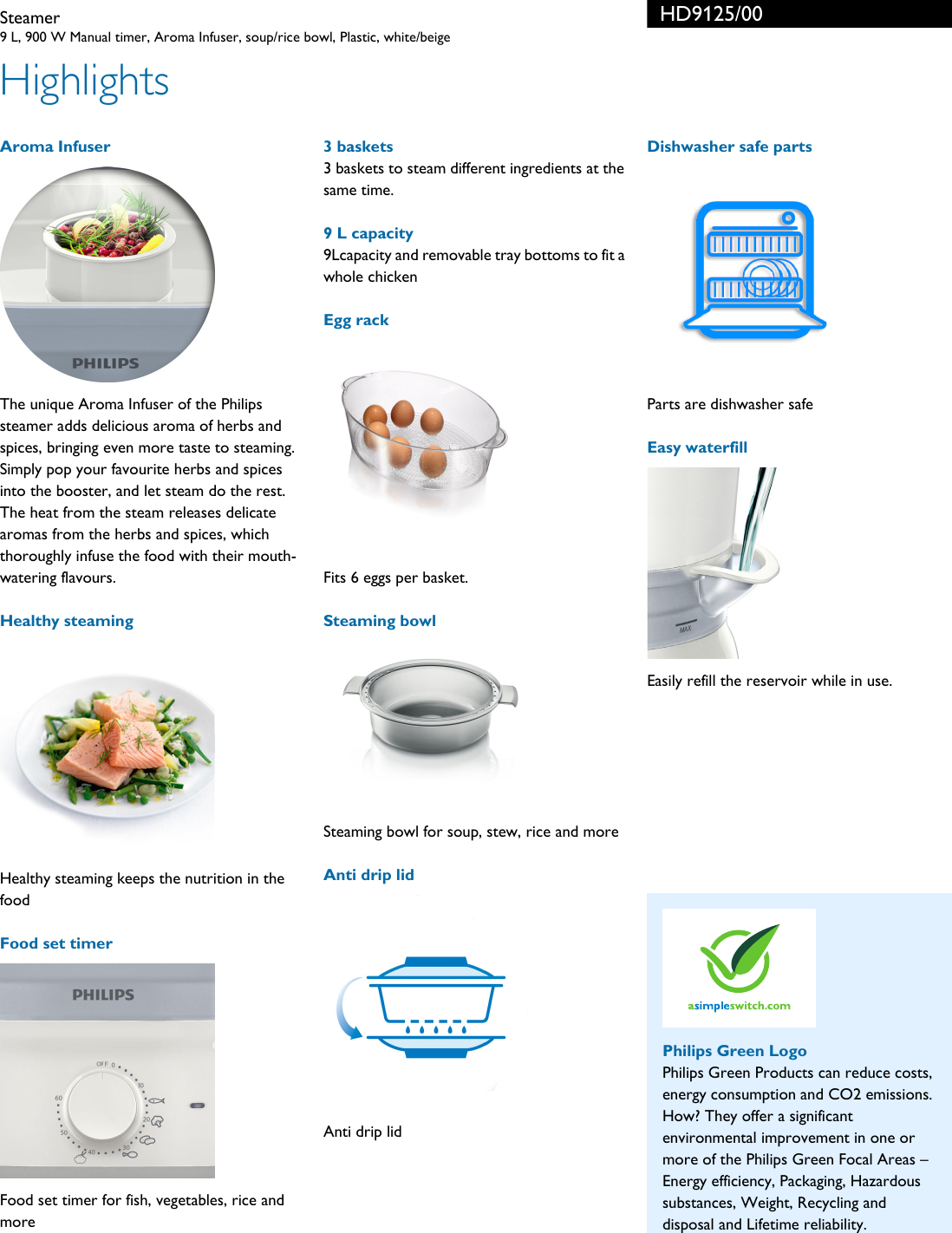 Page 2 of 3 - Philips HD9125/00 Steamer User Manual Leaflet Hd9125 00 Pss Aenin
