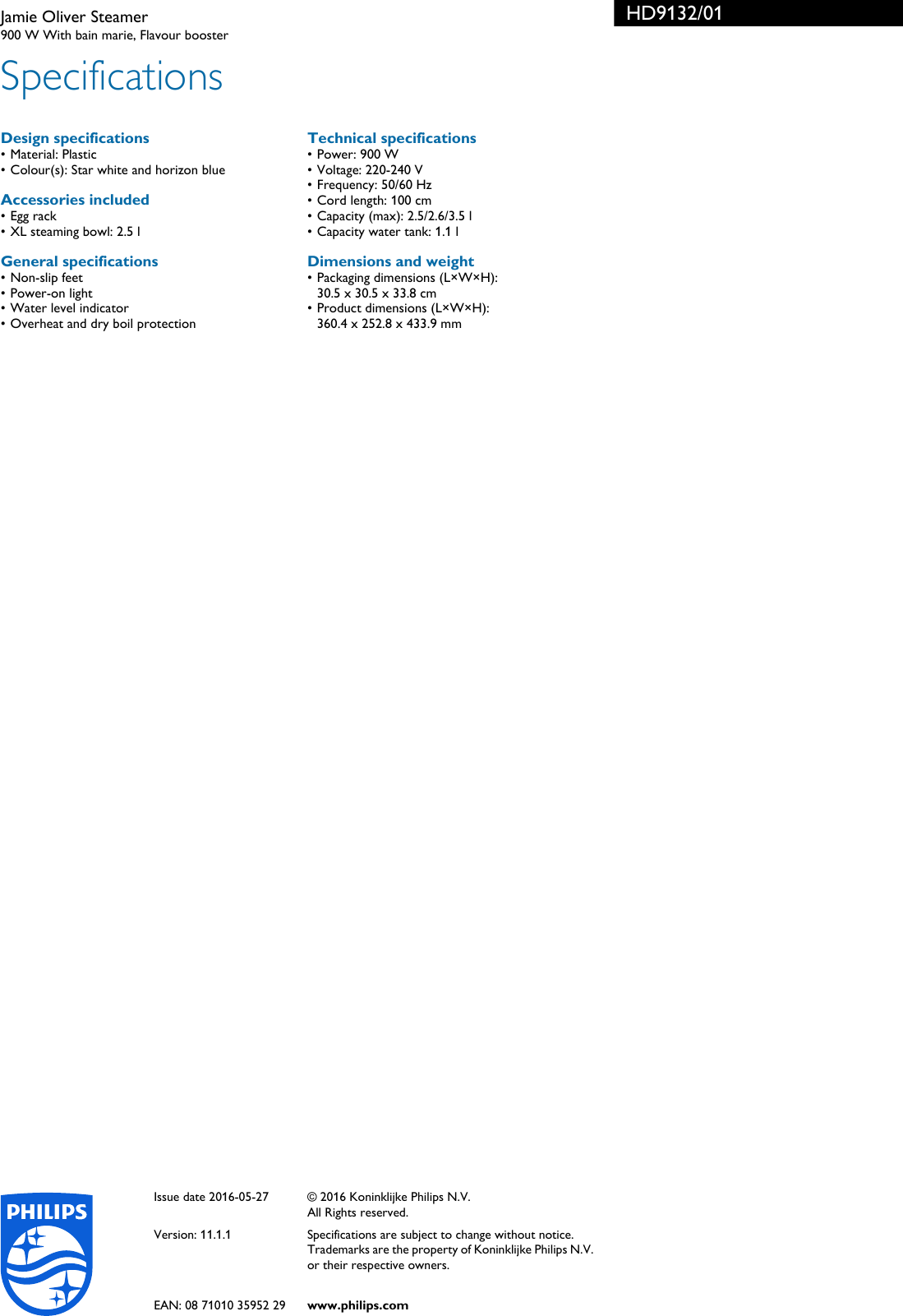 Page 3 of 3 - Philips HD9132/01 Jamie Oliver Steamer User Manual Leaflet Hd9132 01 Pss Enggb