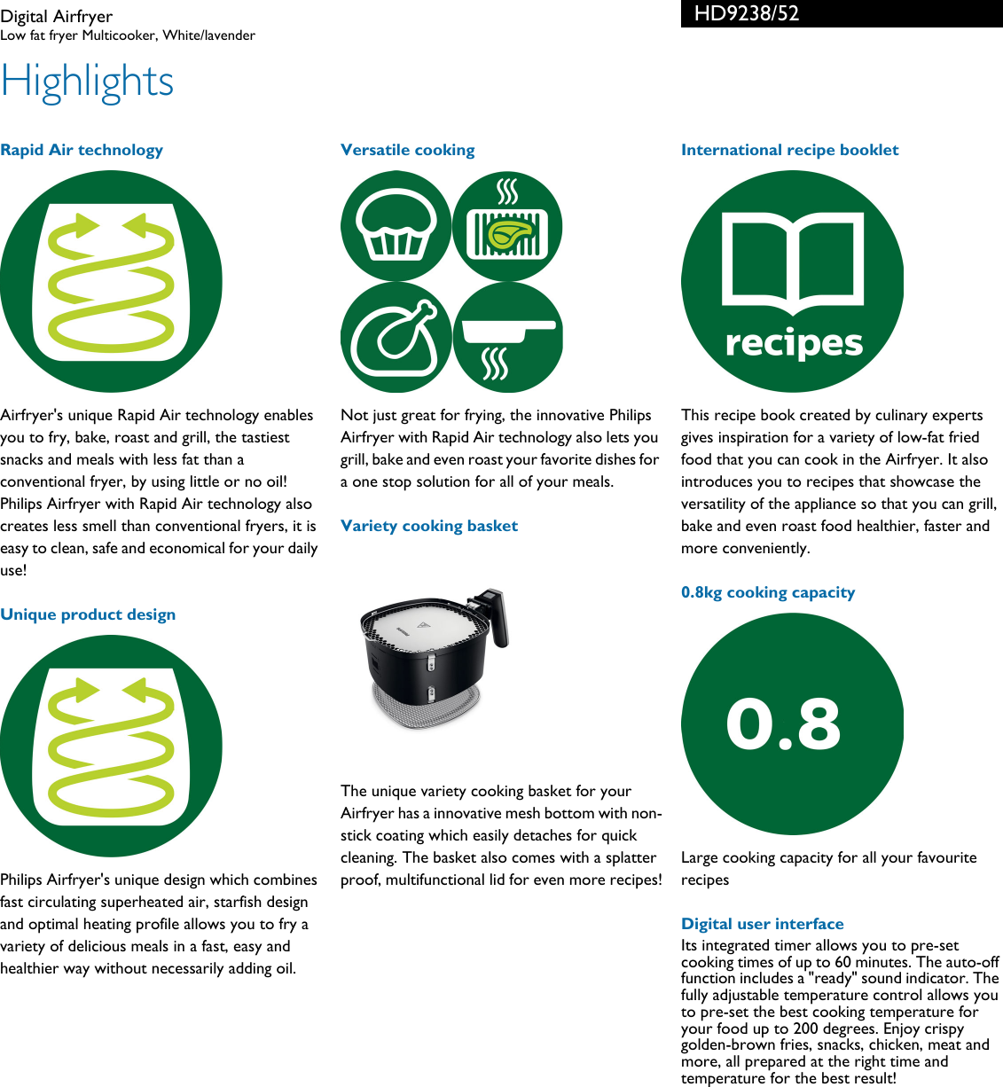Page 2 of 3 - Philips HD9238/52 Digital Airfryer With Rapid Air Technology User Manual Leaflet Hd9238 52 Pss Aenus