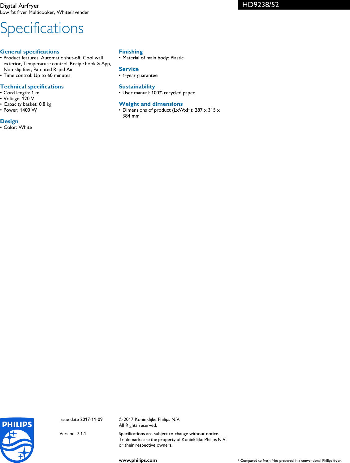 Page 3 of 3 - Philips HD9238/52 Digital Airfryer With Rapid Air Technology User Manual Leaflet Hd9238 52 Pss Aenus