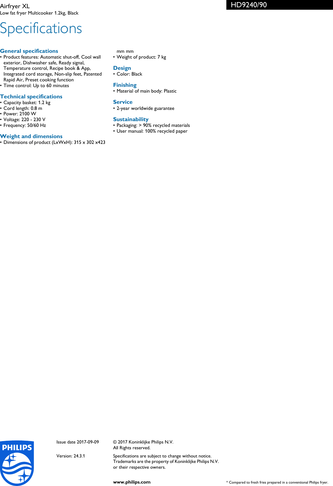 Page 3 of 3 - Philips HD9240/90 Airfryer XL With Rapid Air Technology User Manual Leaflet Hd9240 90 Pss