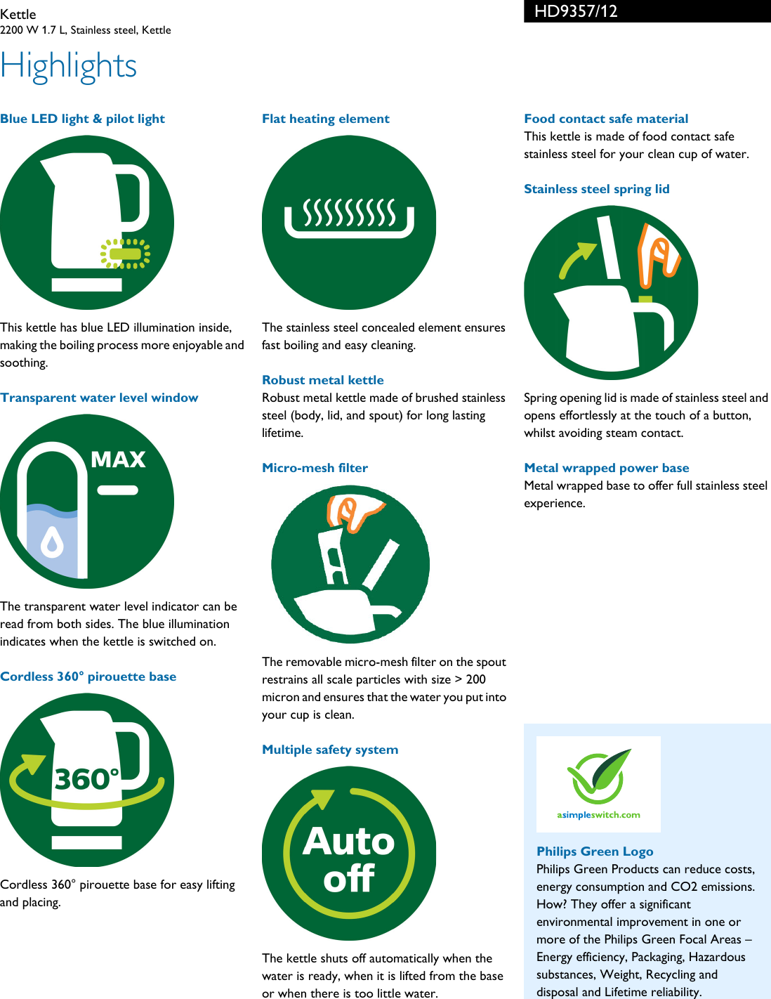 Page 2 of 3 - Philips HD9357/12 Kettle User Manual Leaflet Hd9357 12 Pss