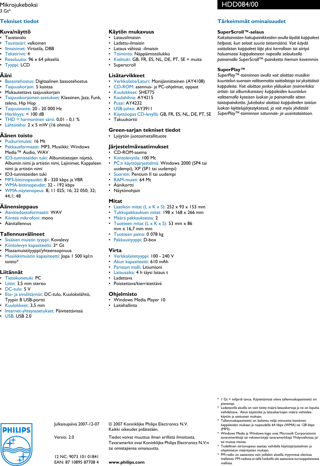 Page 2 of 2 - Philips HDD084/00 Mikrojukeboksi User Manual Esite Hdd084 00 Pss Finfi