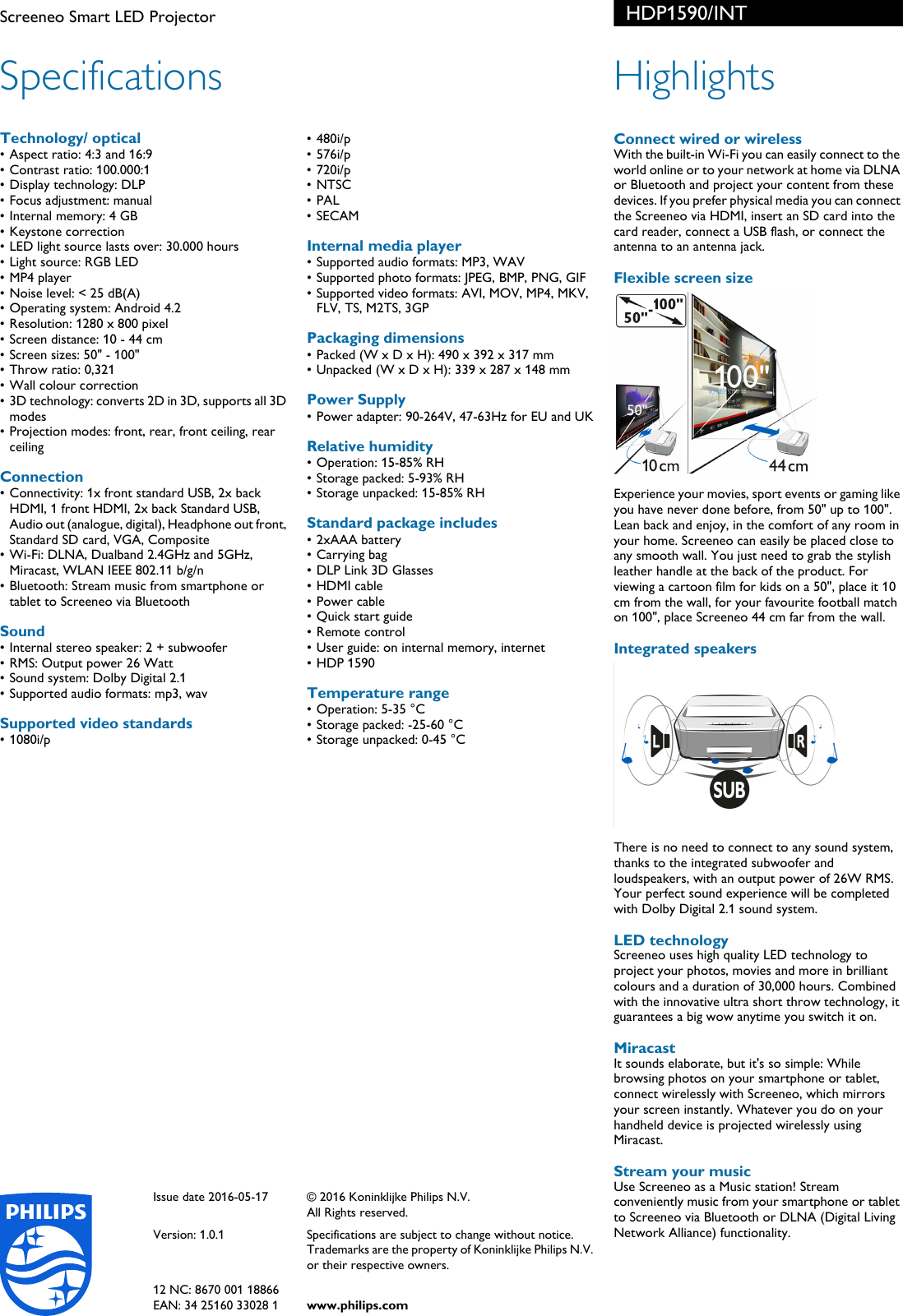Page 2 of 2 - Philips HDP1590/INT Screeneo Smart LED Projector User Manual Leaflet Hdp1590 Int Pss Engmy