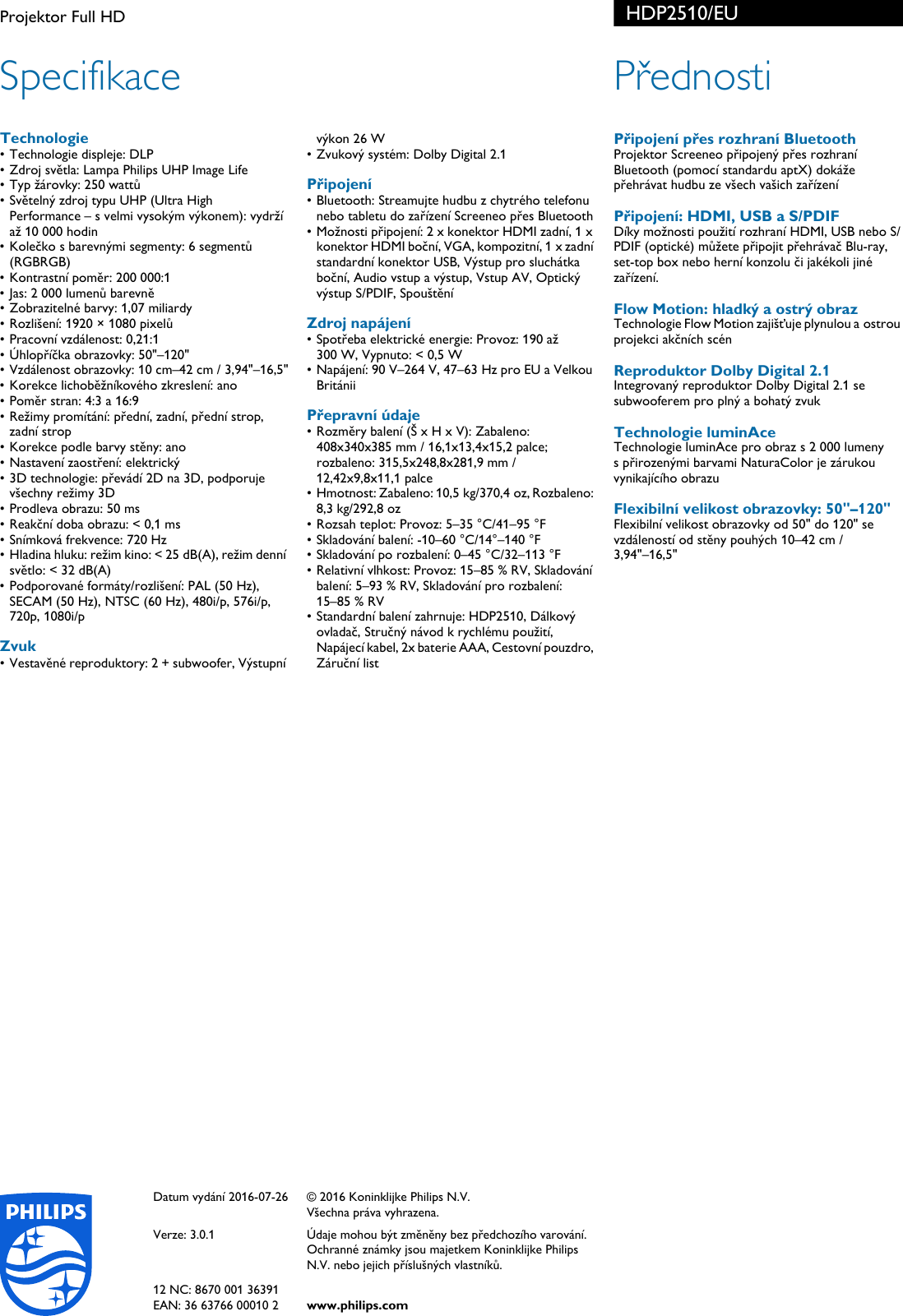 Page 2 of 2 - Philips HDP2510/EU Leaflet HDP2510_EU Released Czech Republic (Czech)  User Manual Specifikační List Výrobku Hdp2510 Eu Pss Cescz