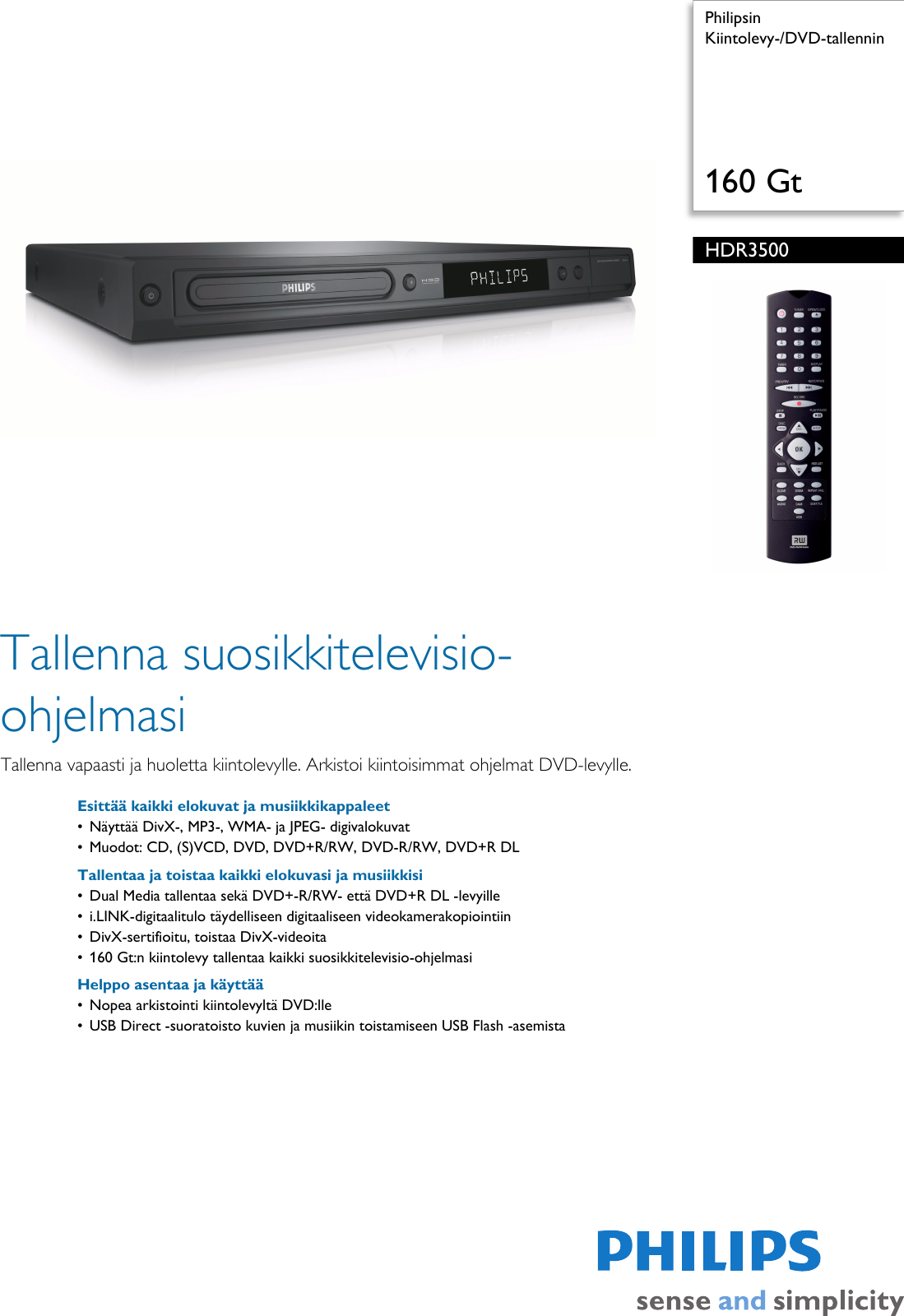 Page 1 of 2 - Philips HDR3500/58 Kiintolevy-/DVD-tallennin User Manual Esite Hdr3500 58 Pss Finfi