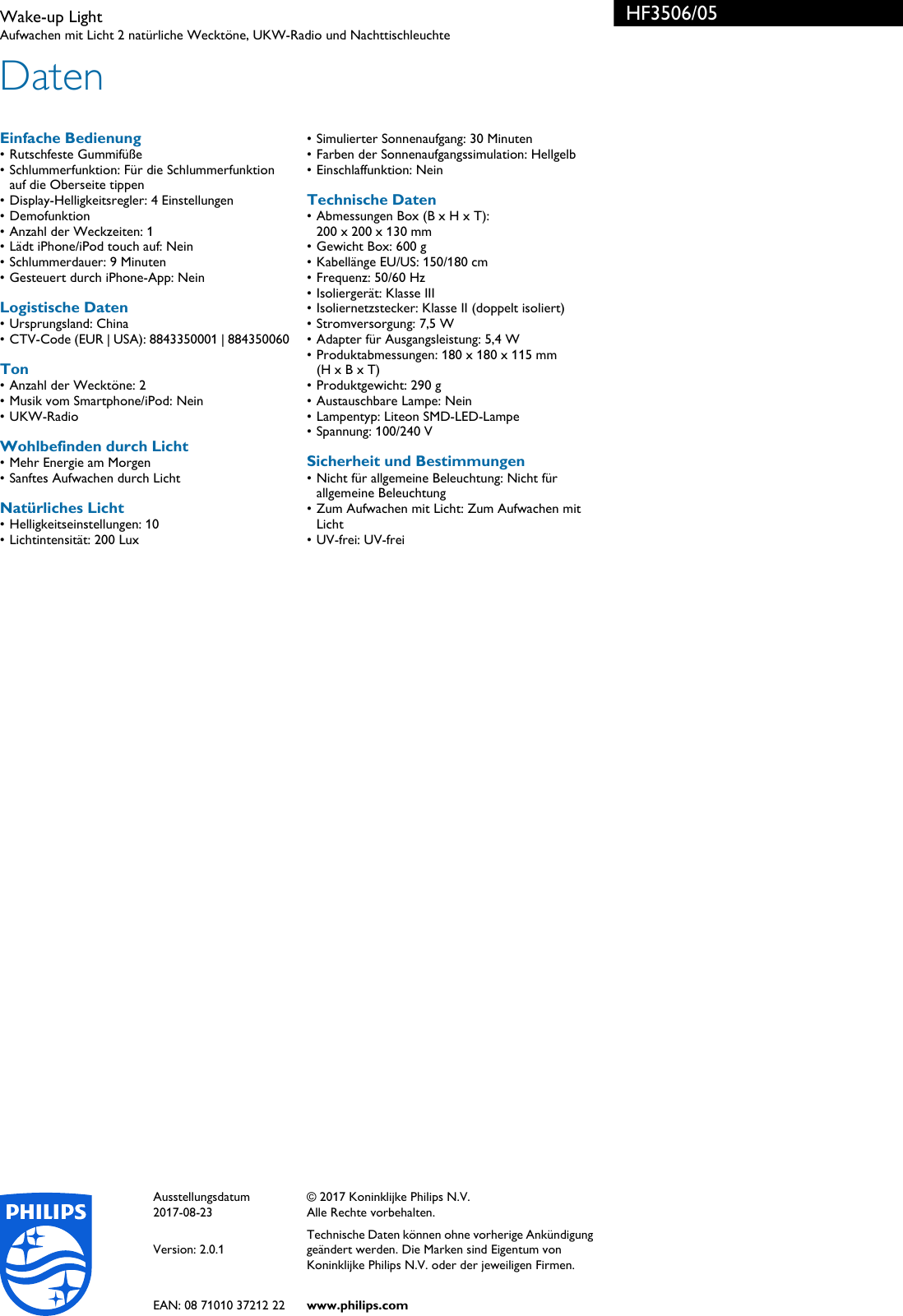 Page 3 of 3 - Philips HF3506/05 Leaflet HF3506_05 Released Switzerland (German)  User Manual Datenblatt Hf3506 05 Pss Deuch