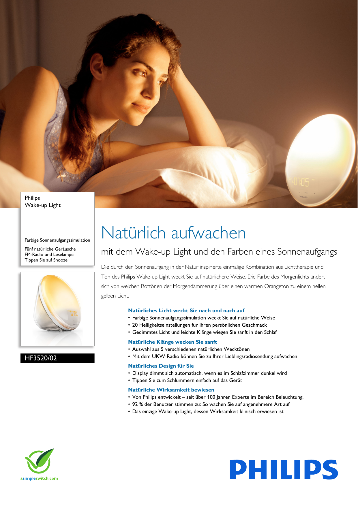Page 1 of 3 - Philips HF3520/02 Wake-up Light User Manual Datenblatt Hf3520 02 Pss Deude