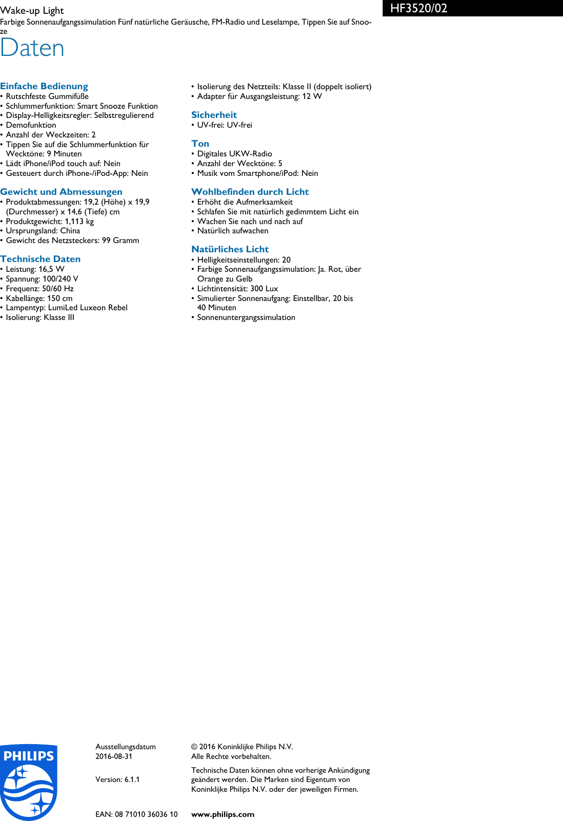 Page 3 of 3 - Philips HF3520/02 Wake-up Light User Manual Datenblatt Hf3520 02 Pss Deude