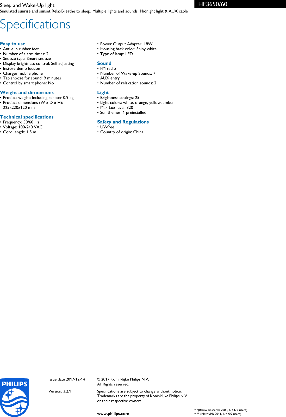 Page 3 of 3 - Philips HF3650 HF3650/60 Sleep And Wake-Up Light With RelaxBreath For User Manual Leaflet 60 Pss Aenca