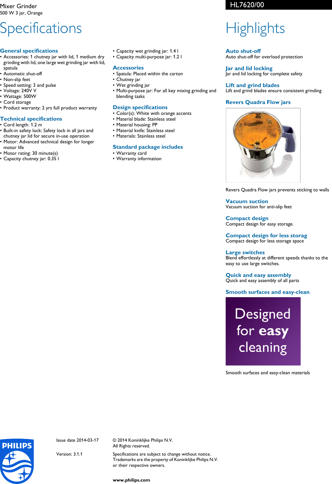 Philips HL7620/00 Mixer Grinder User Manual Leaflet Hl7620 00 Pss Aenin