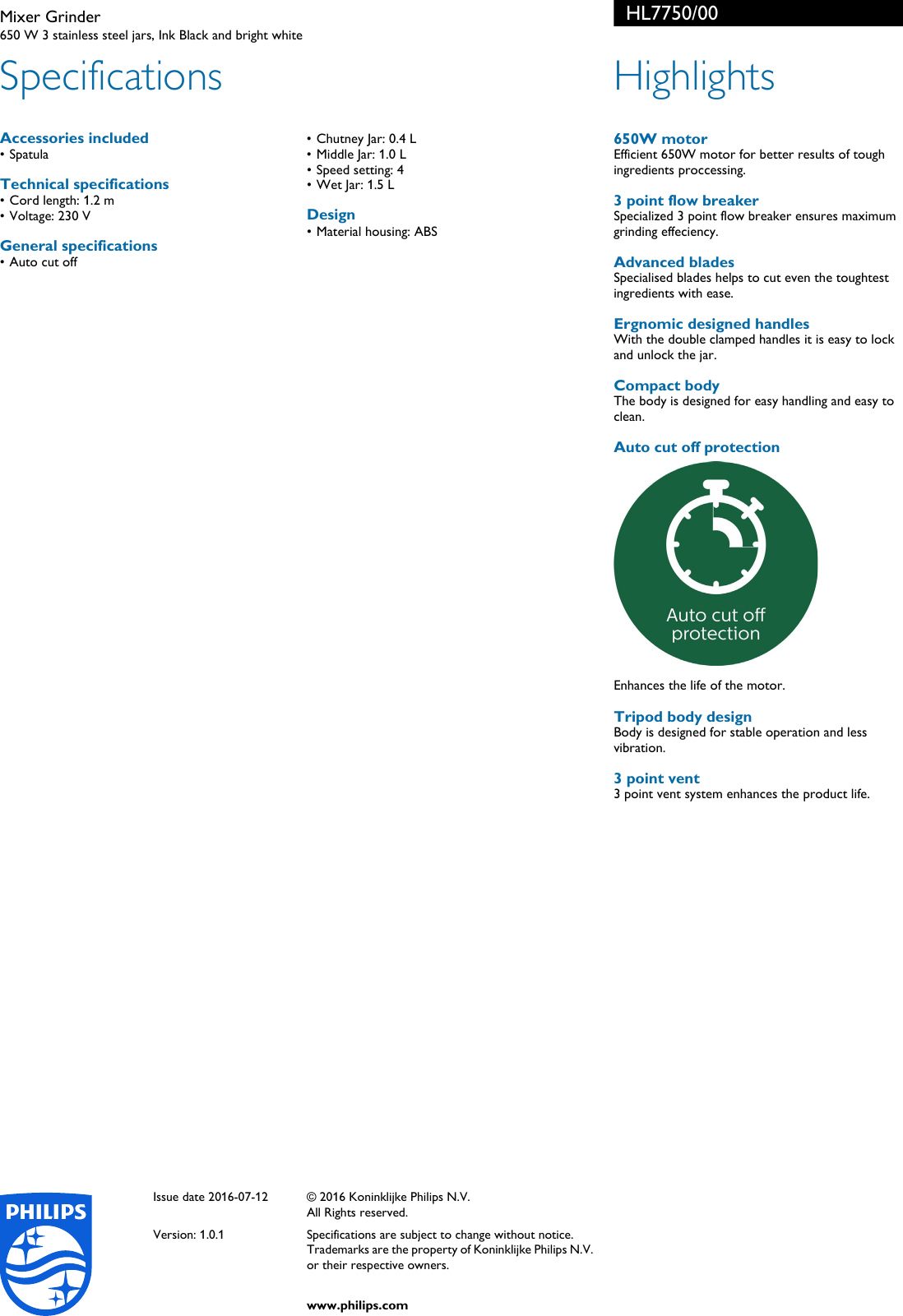 Page 2 of 2 - Philips HL7750/00 Mixer Grinder User Manual Leaflet Hl7750 00 Pss Aenin