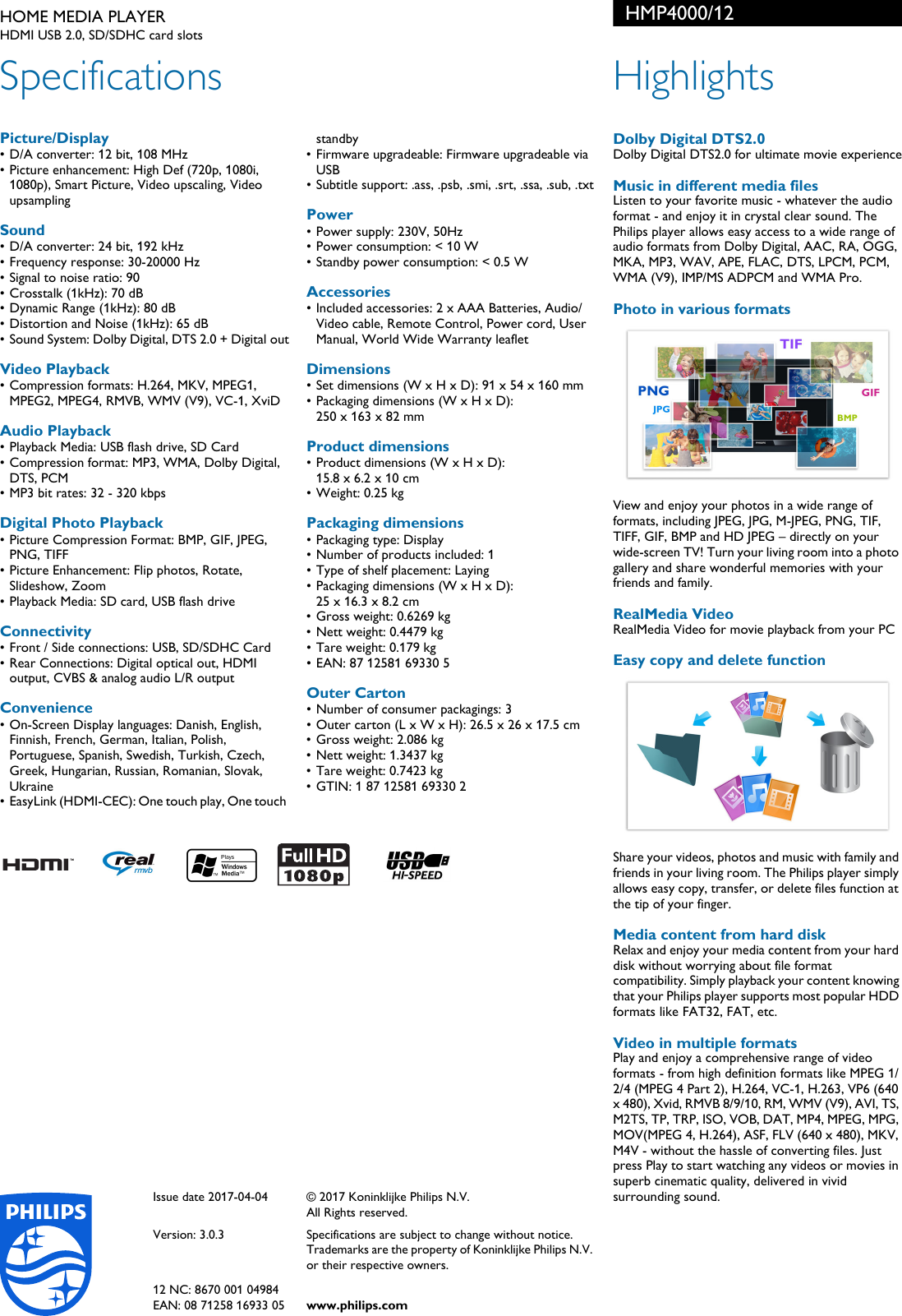 Page 2 of 2 - Philips HMP4000/12 HOME MEDIA PLAYER User Manual Leaflet Hmp4000 12 Pss Aenhk