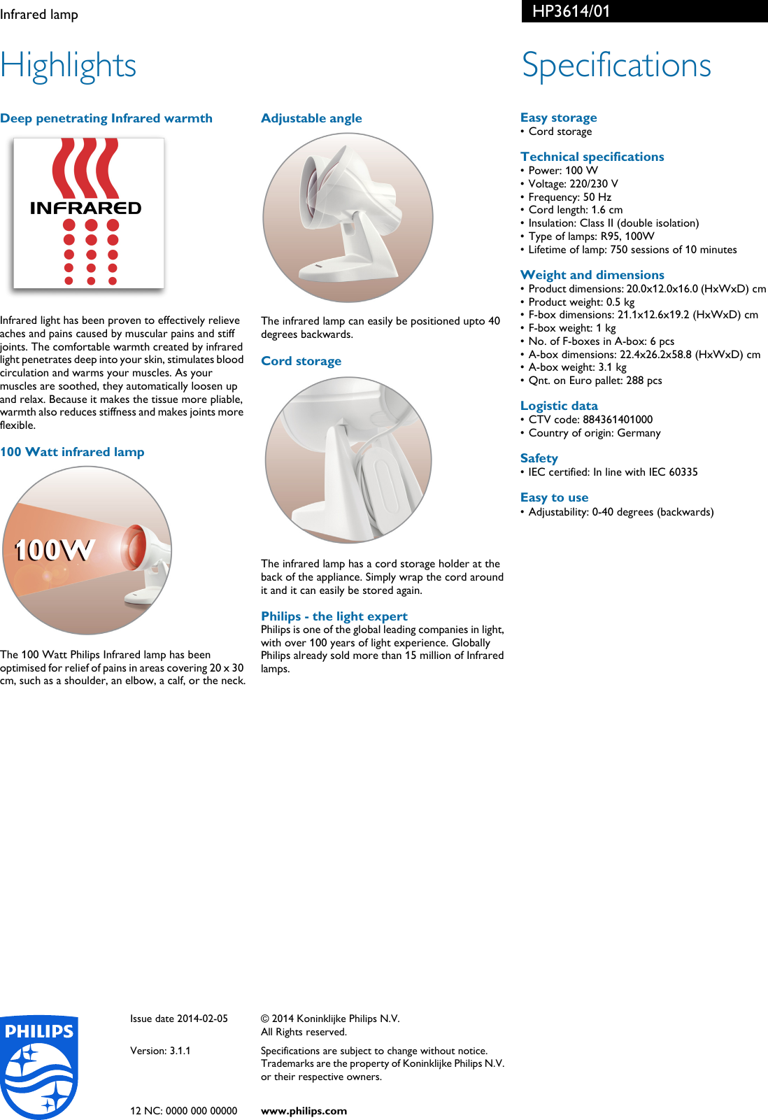Page 2 of 2 - Philips HP3614 HP3614/01 Infrared Lamp User Manual Leaflet 01 Pss