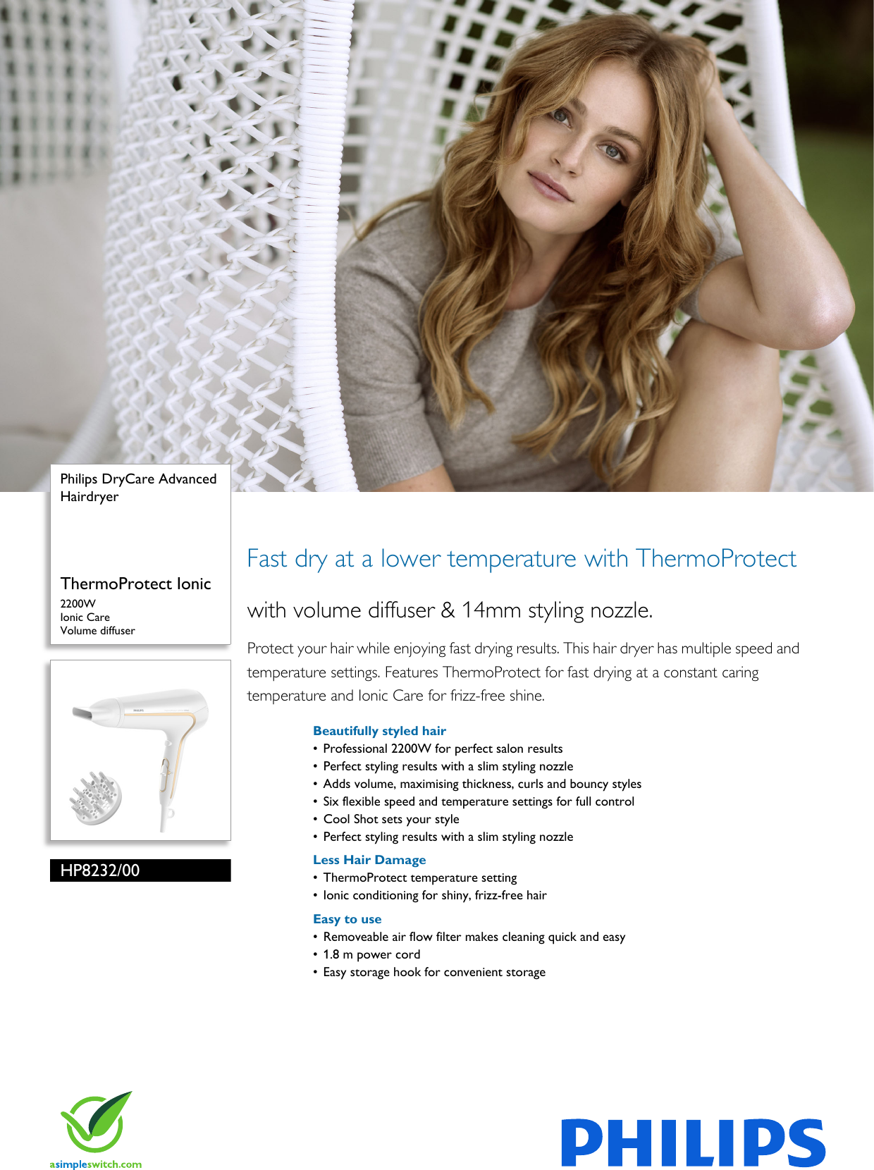 Page 1 of 3 - Philips HP8232/00 Hairdryer User Manual Leaflet Hp8232 00 Pss